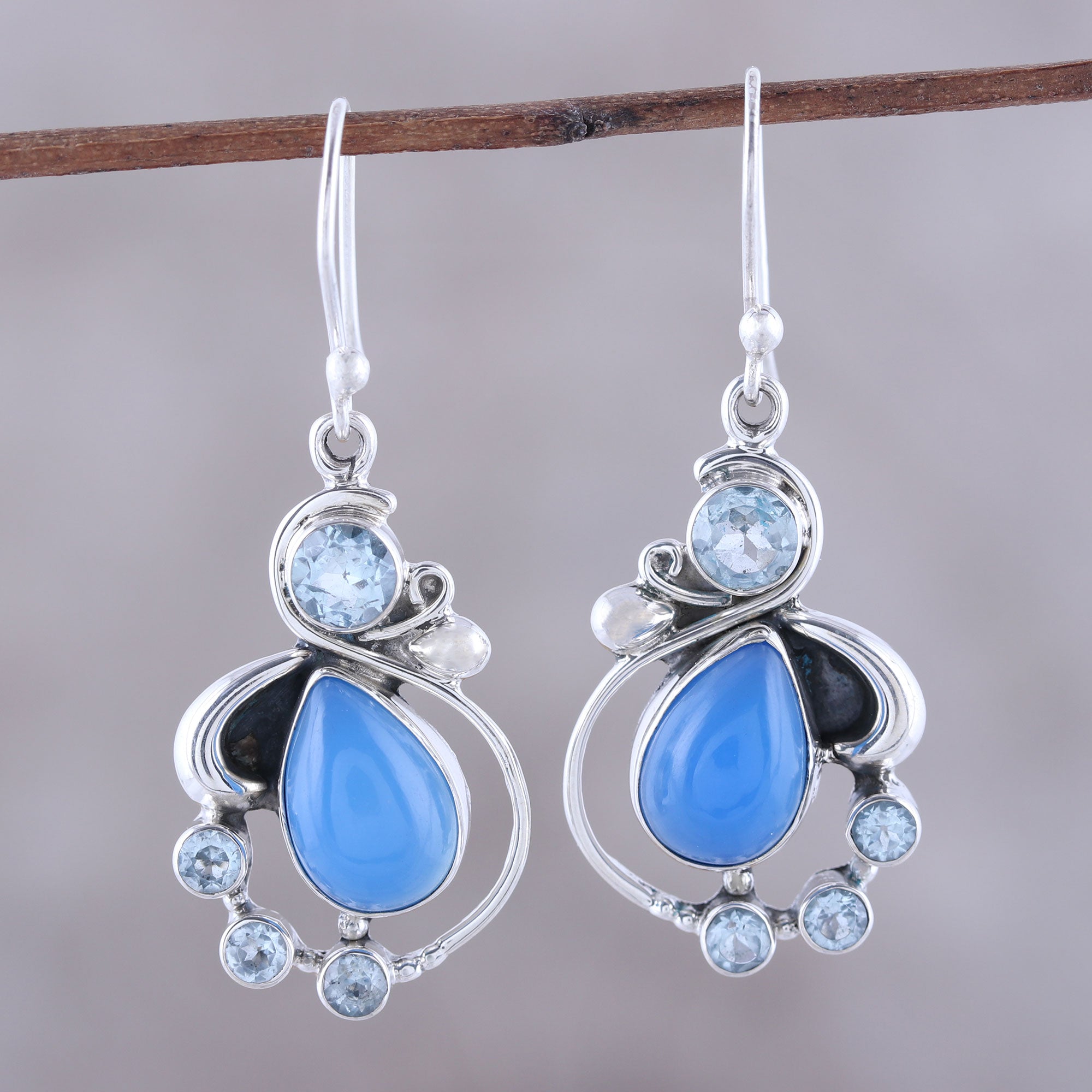 Premium Elegant Dew Blue Topaz & Chalcedony Dangle Earrings - Handcrafted in India