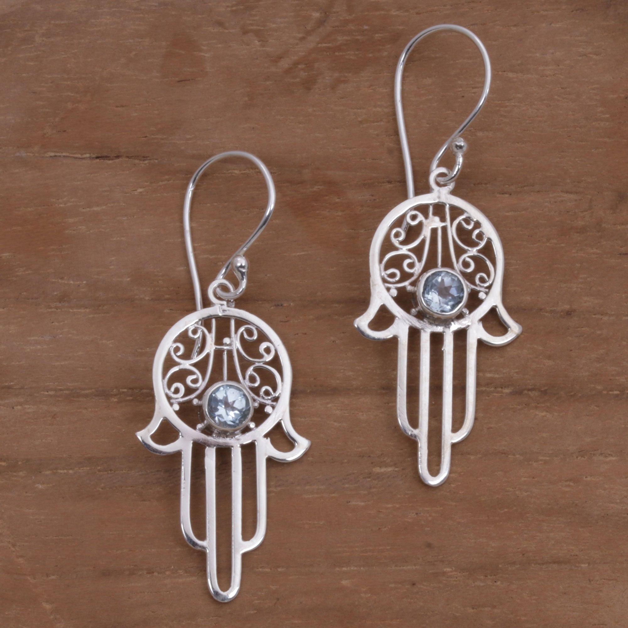 Premium Hamsa Swirls Blue Topaz Sterling Silver Dangle Earrings - Ultimate Protection & Style