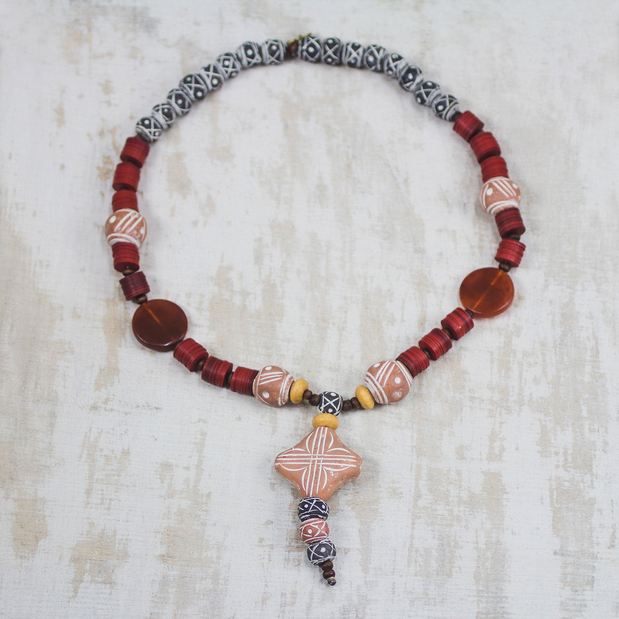 Premium African Queen of Peace Agate & Ceramic Pendant Necklace - Handcrafted Elegance