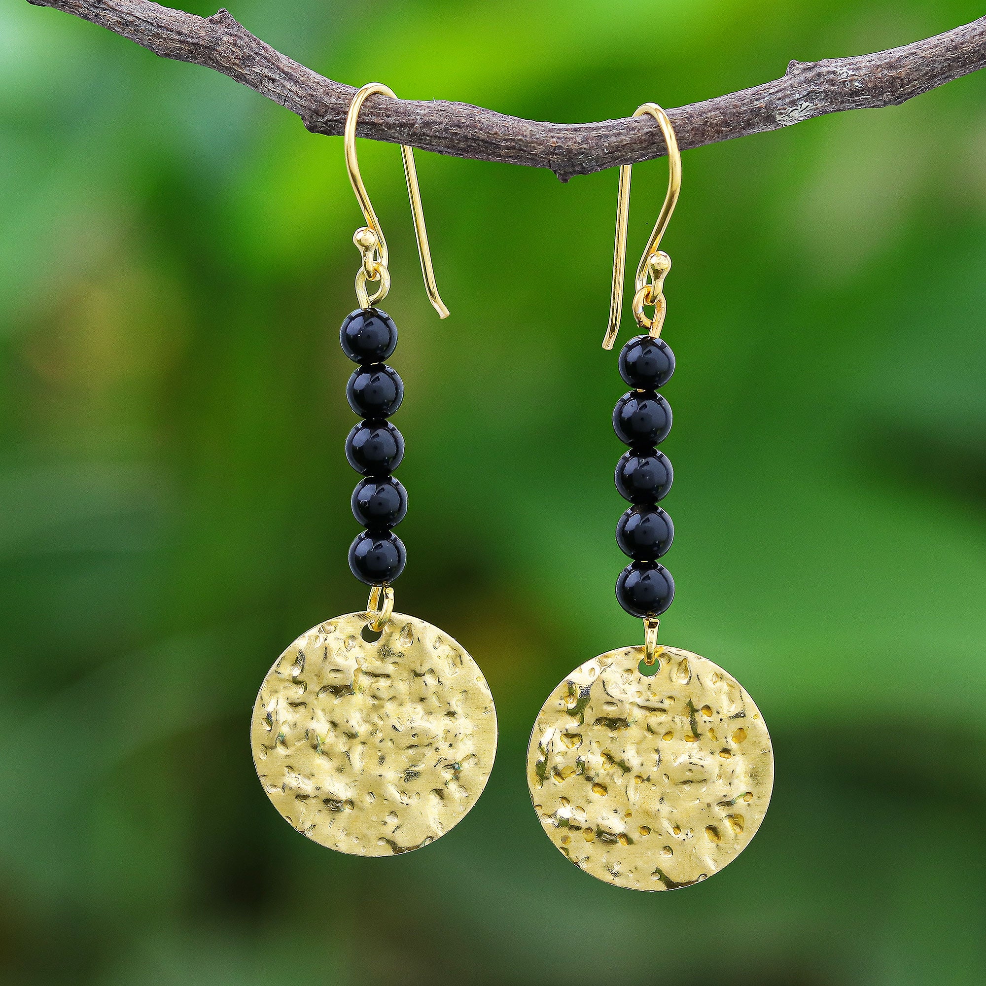 Premium Midnight Black Onyx & Brass Coin Dangle Earrings – Golden Elegance