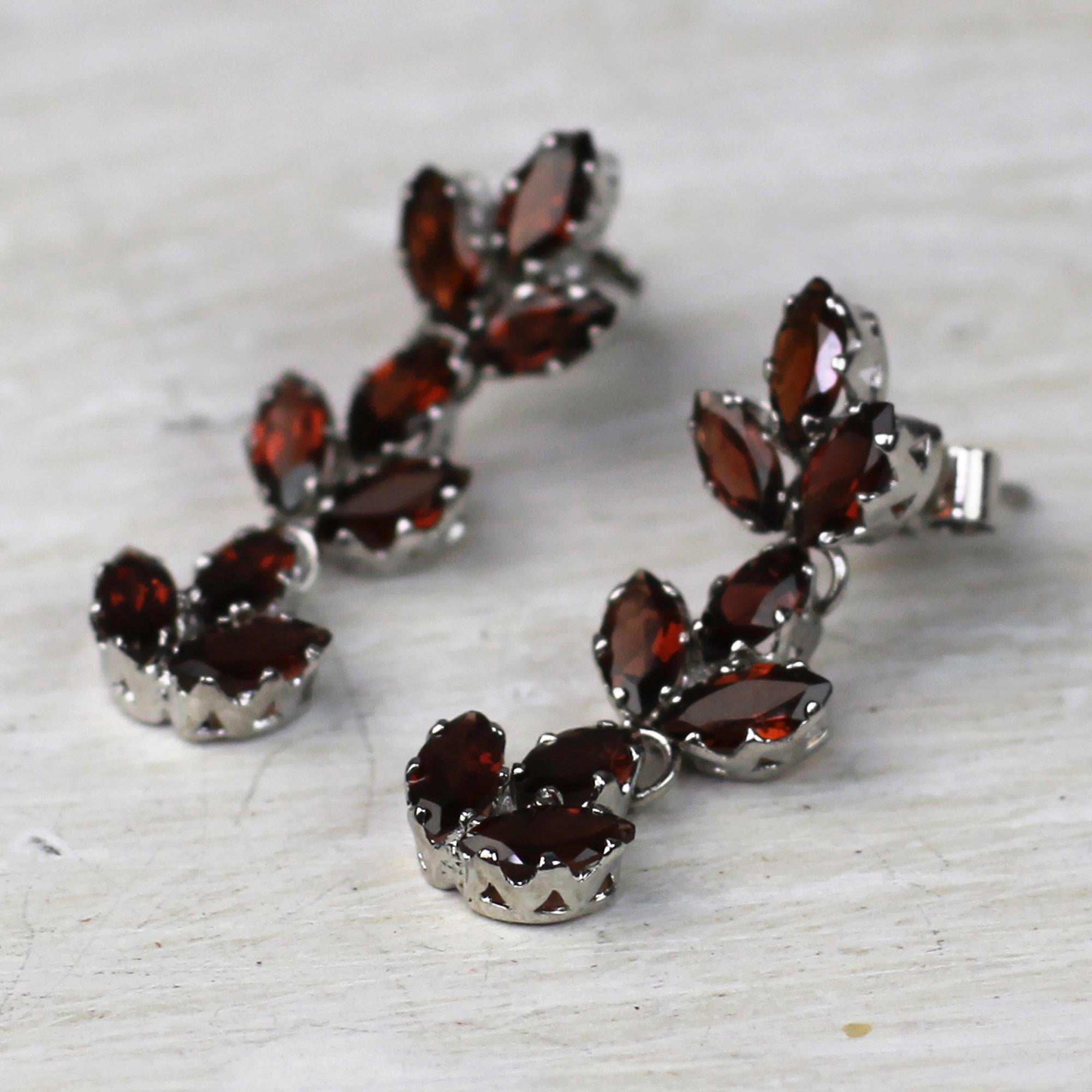 Premium Radiant Red Garnet Leaf Dangle Earrings – Handcrafted Sterling Silver