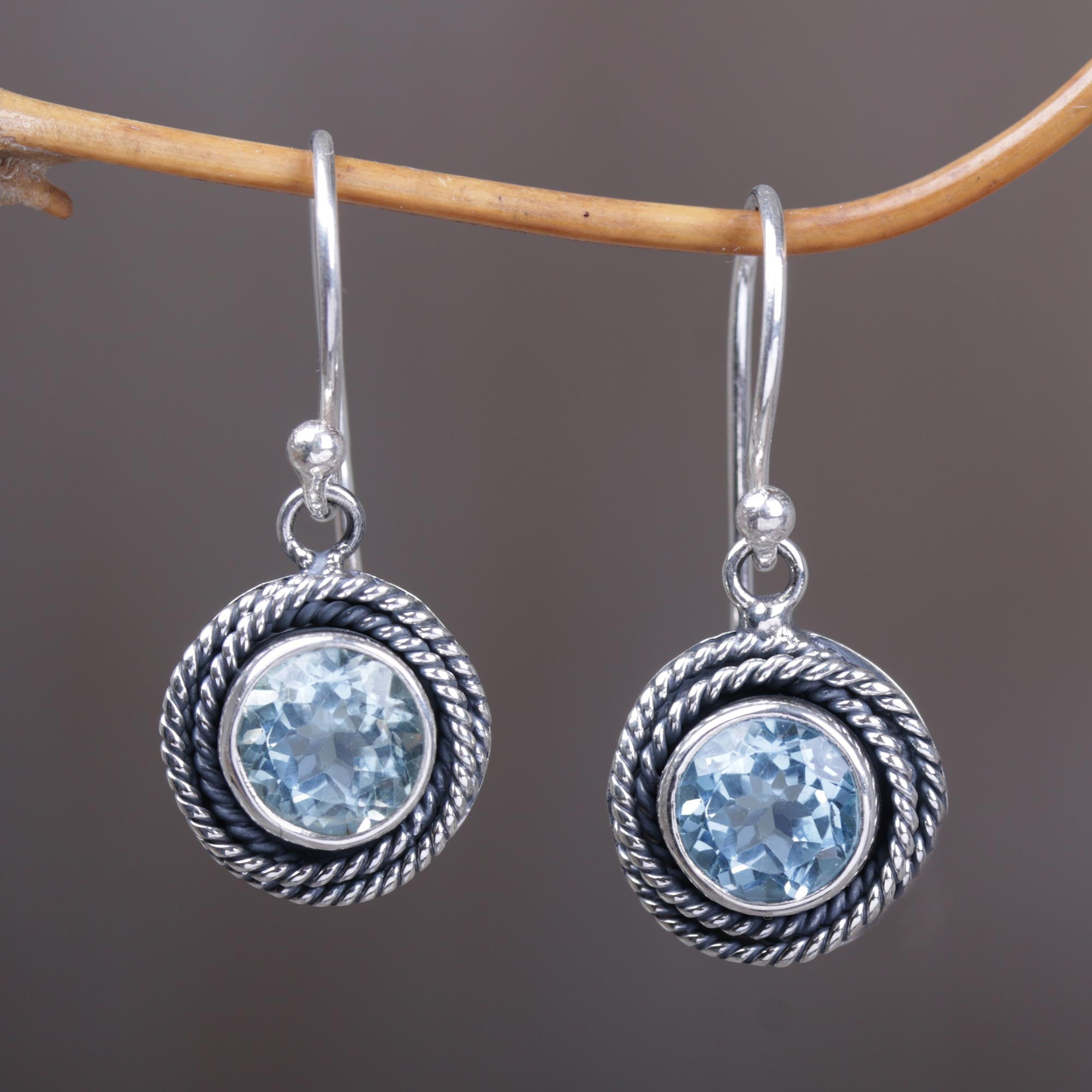 Premium Blue Topaz Dangle Earrings with Sterling Silver Rope Design