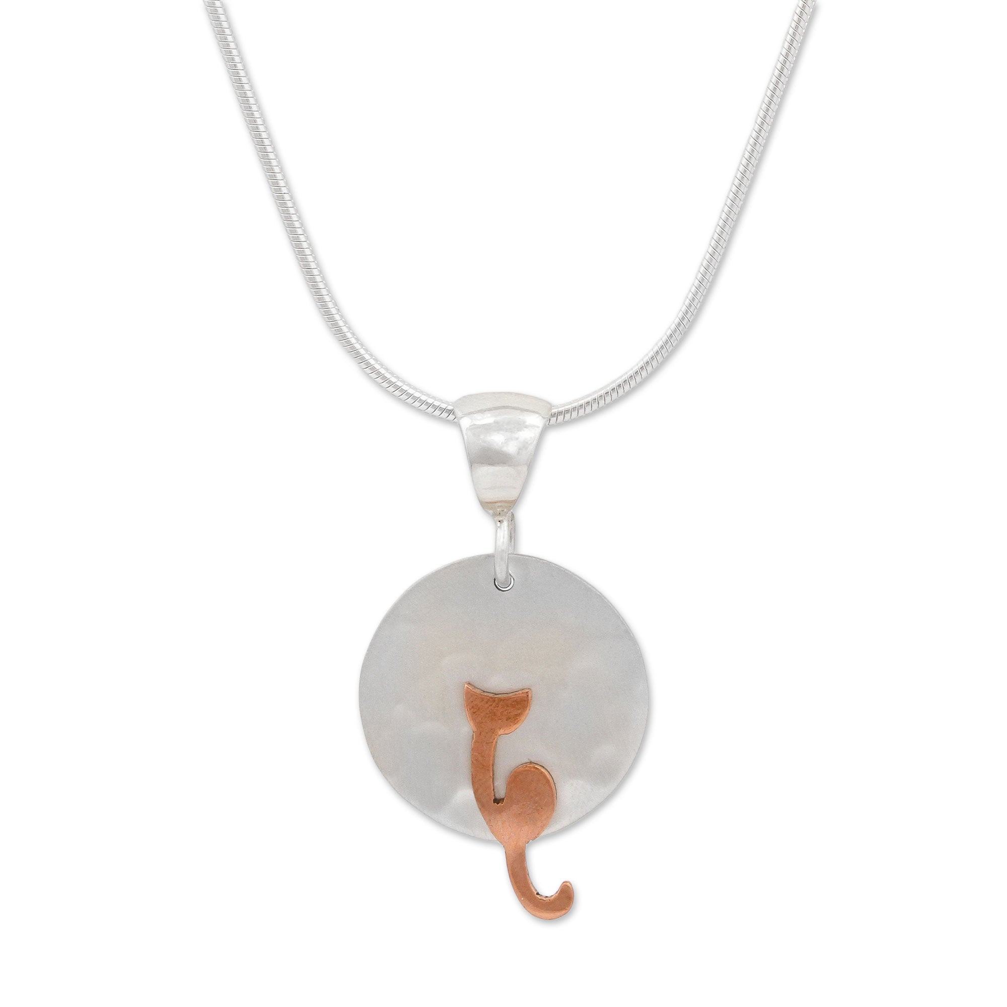 Premium Lunar Cat Pendant Necklace - Handcrafted Sterling Silver & Copper Jewelry from Mexico