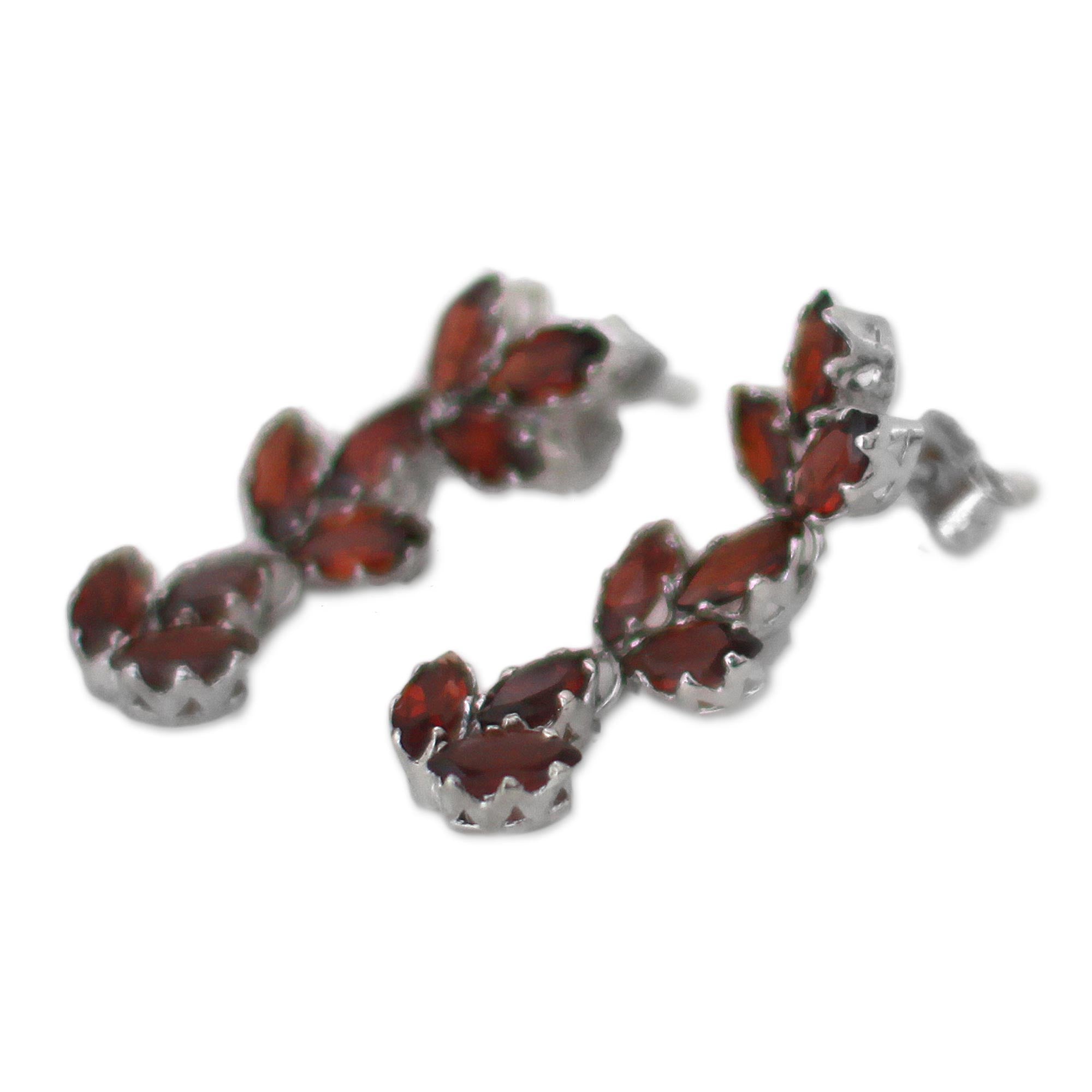 Premium Radiant Red Garnet Leaf Dangle Earrings – Handcrafted Sterling Silver