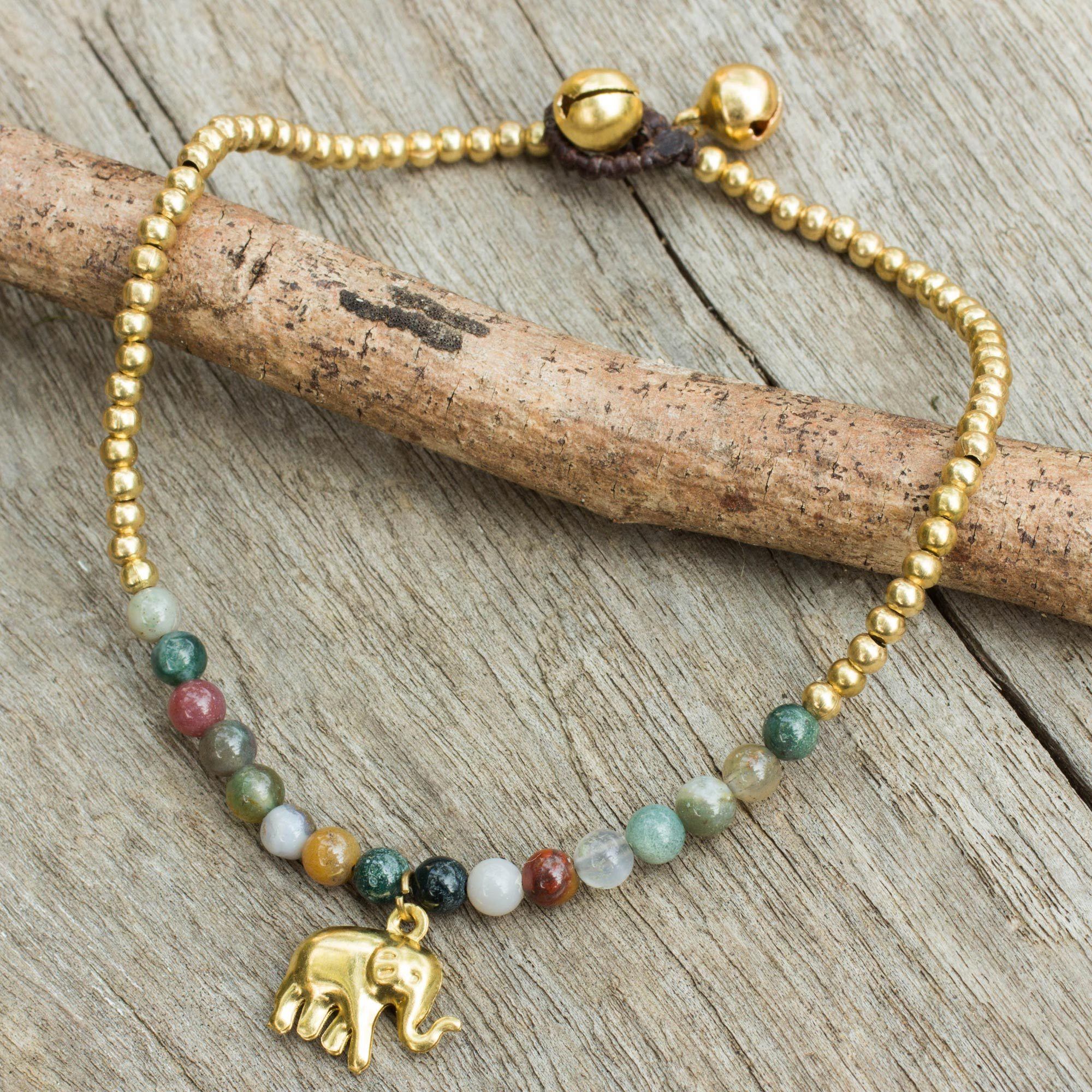 Premium Elephant Agate Brass Beaded Anklet - Handmade & Adjustable