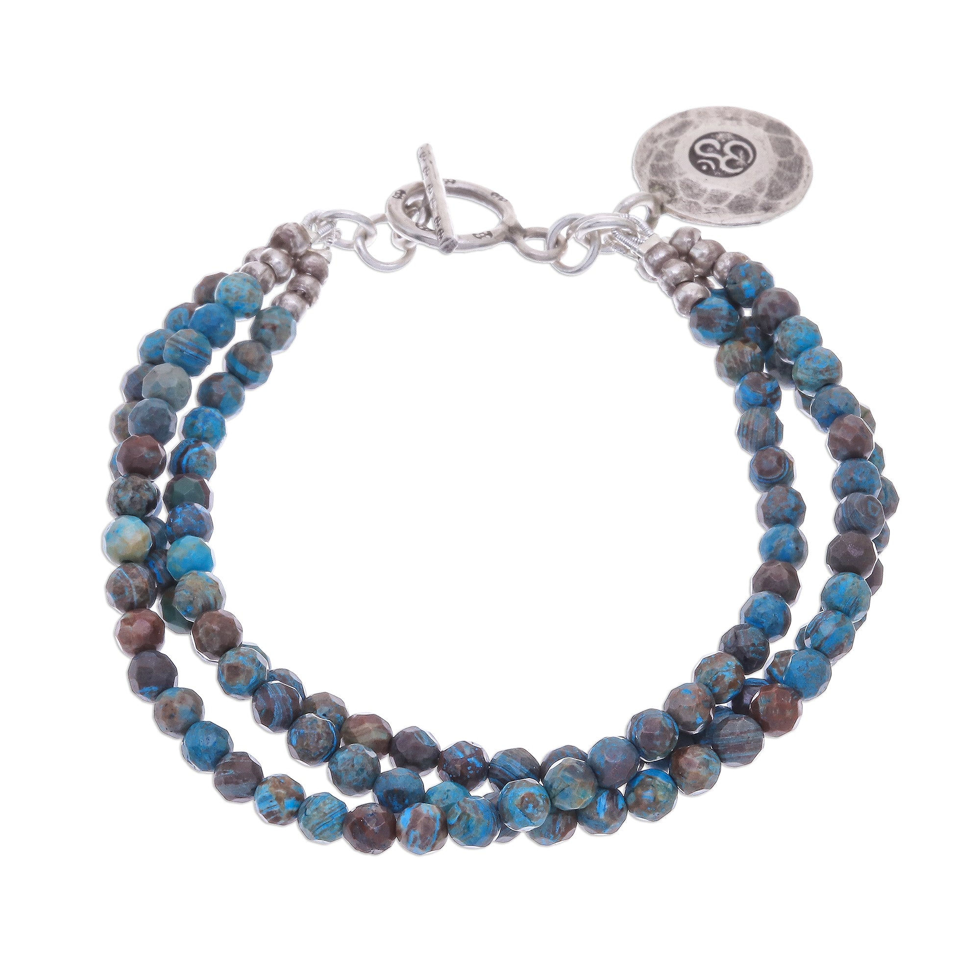 Premium Om Symbol Beaded Bracelet with Blue & Brown Jasper - Handcrafted Silver Charm