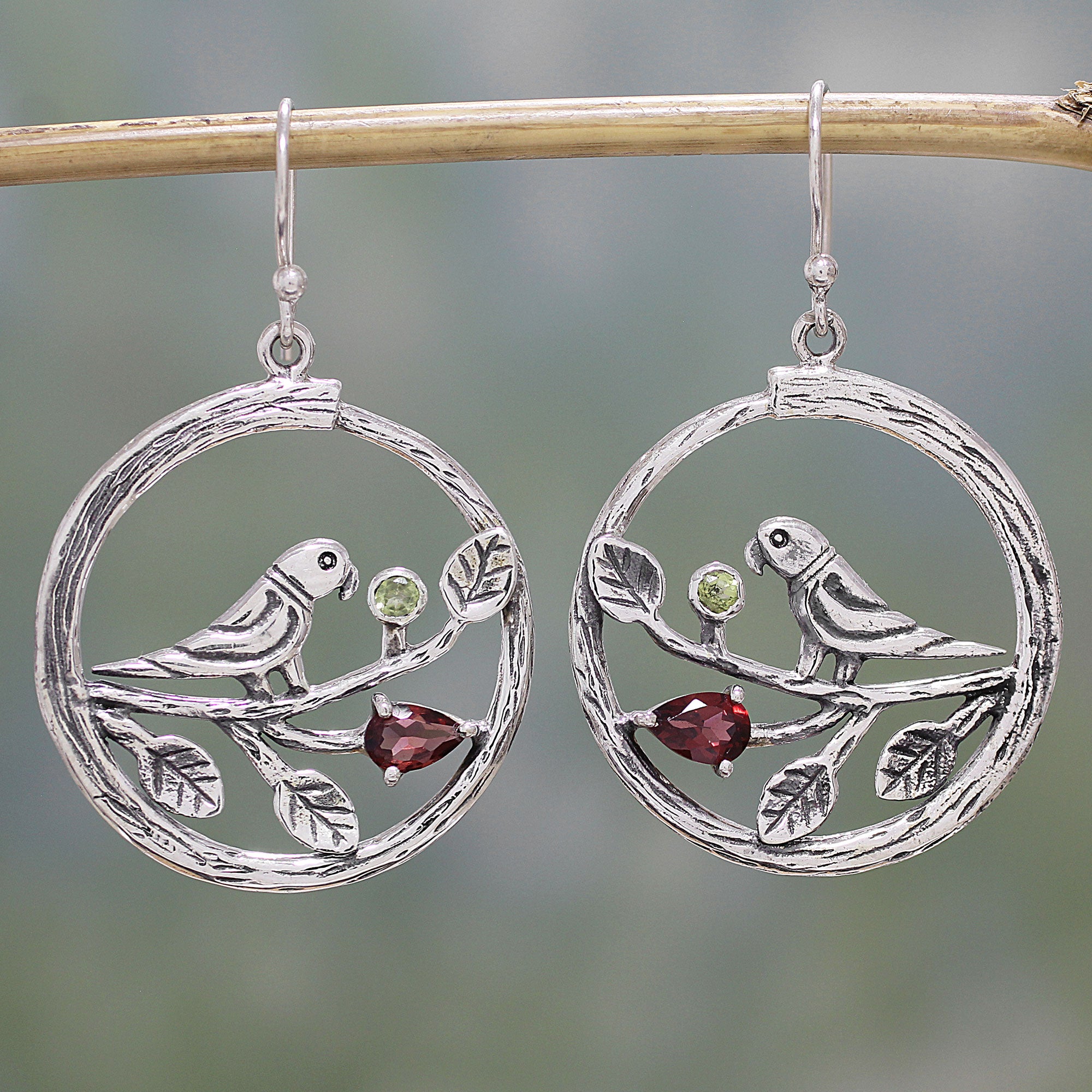 Premium Sterling Silver Parrot Dangle Earrings with Garnet & Peridot | Handcrafted in India