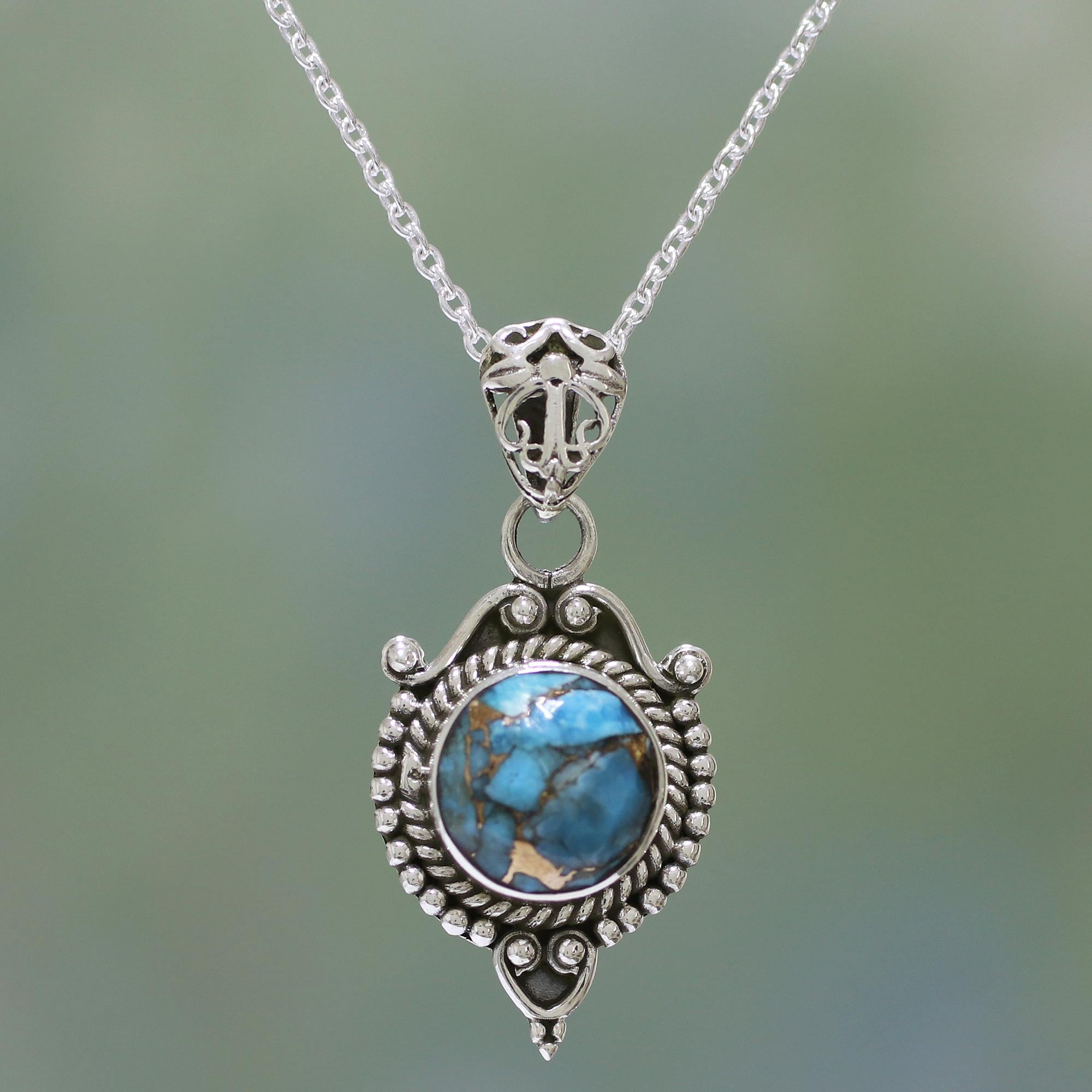 Premium Dotted Elegance Necklace: Sterling Silver & Turquoise from India