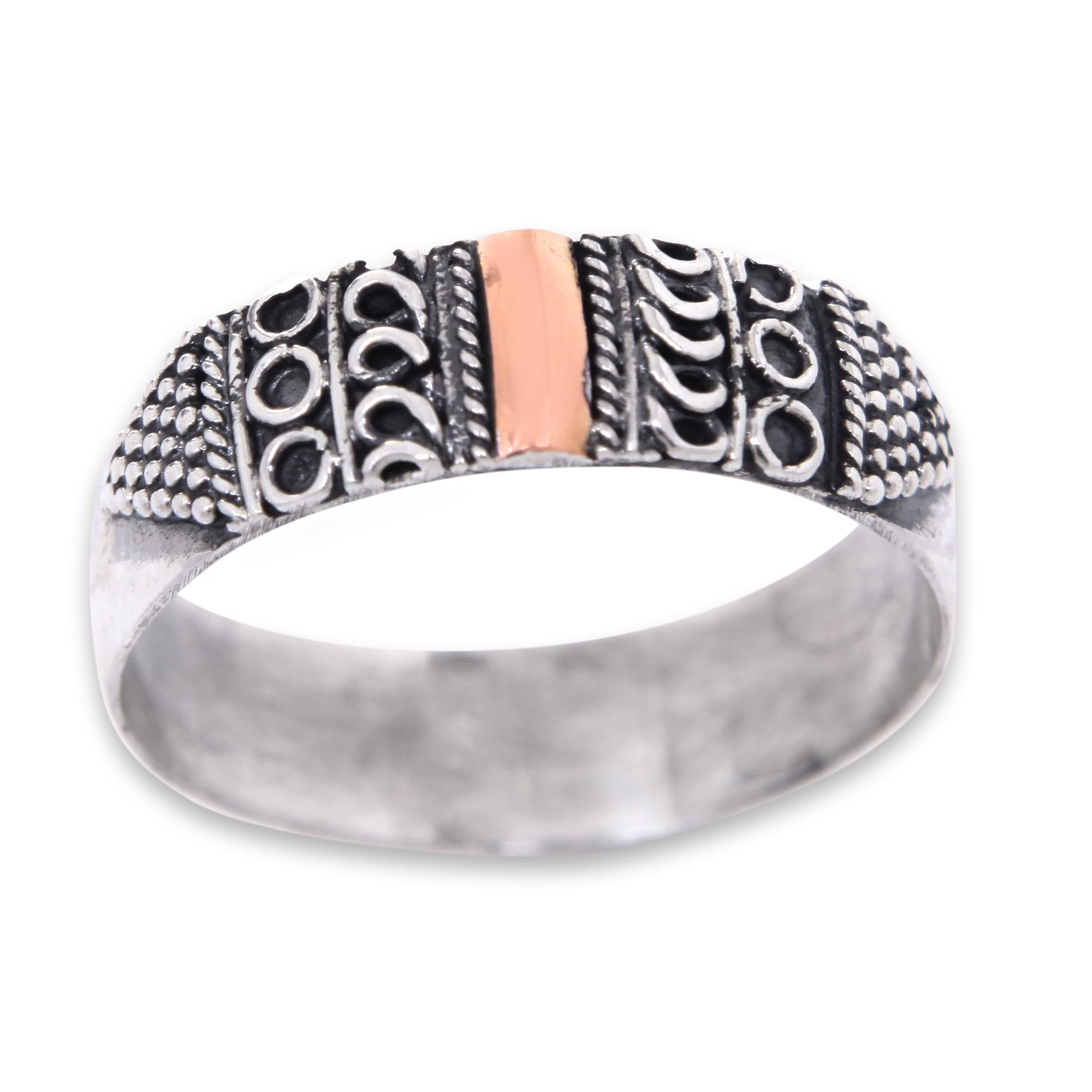 Premium Balinese Gold Accent Silver Band Ring – Handcrafted Elegance