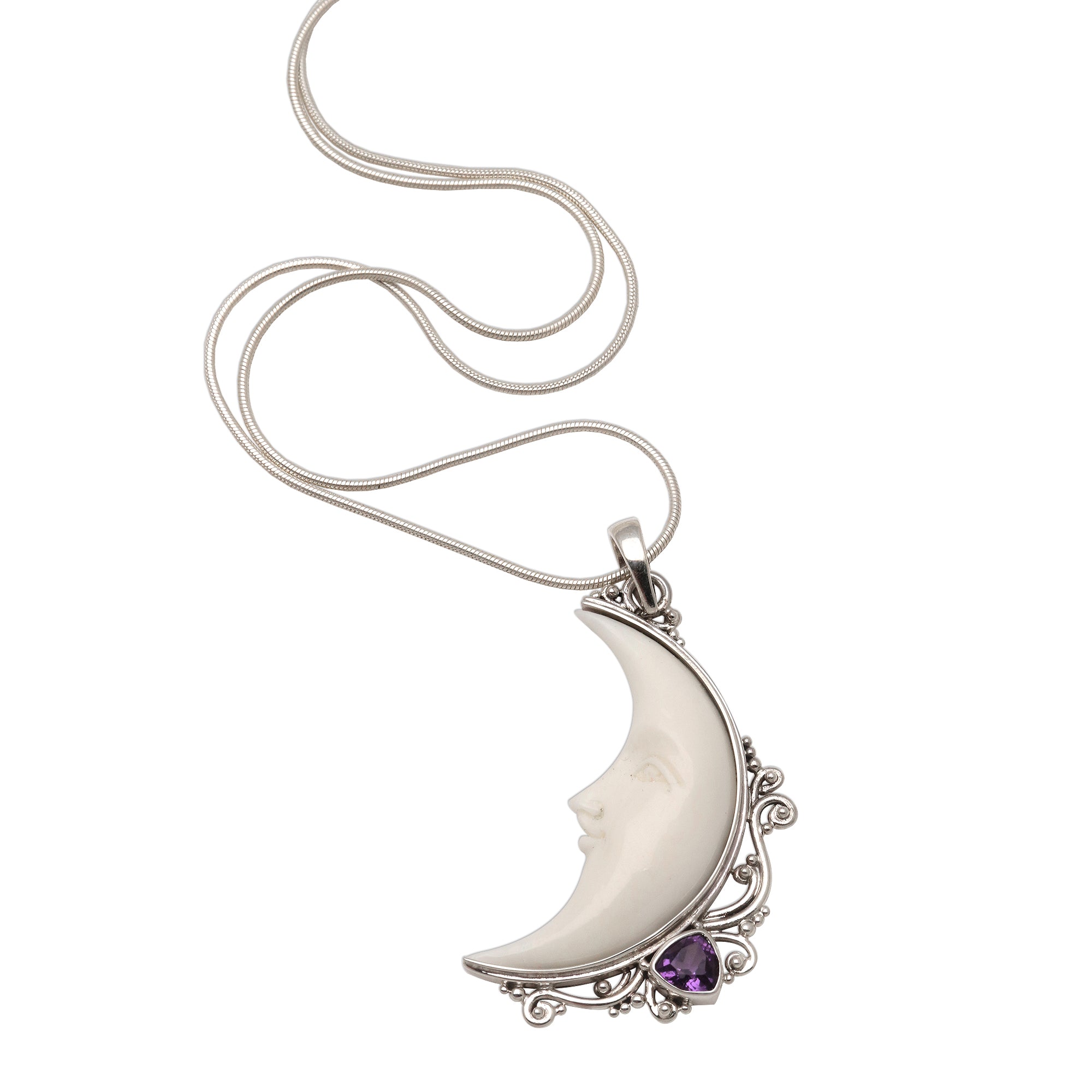 Premium Lunar Amethyst & Bone Crescent Moon Pendant Necklace - Handcrafted in Bali