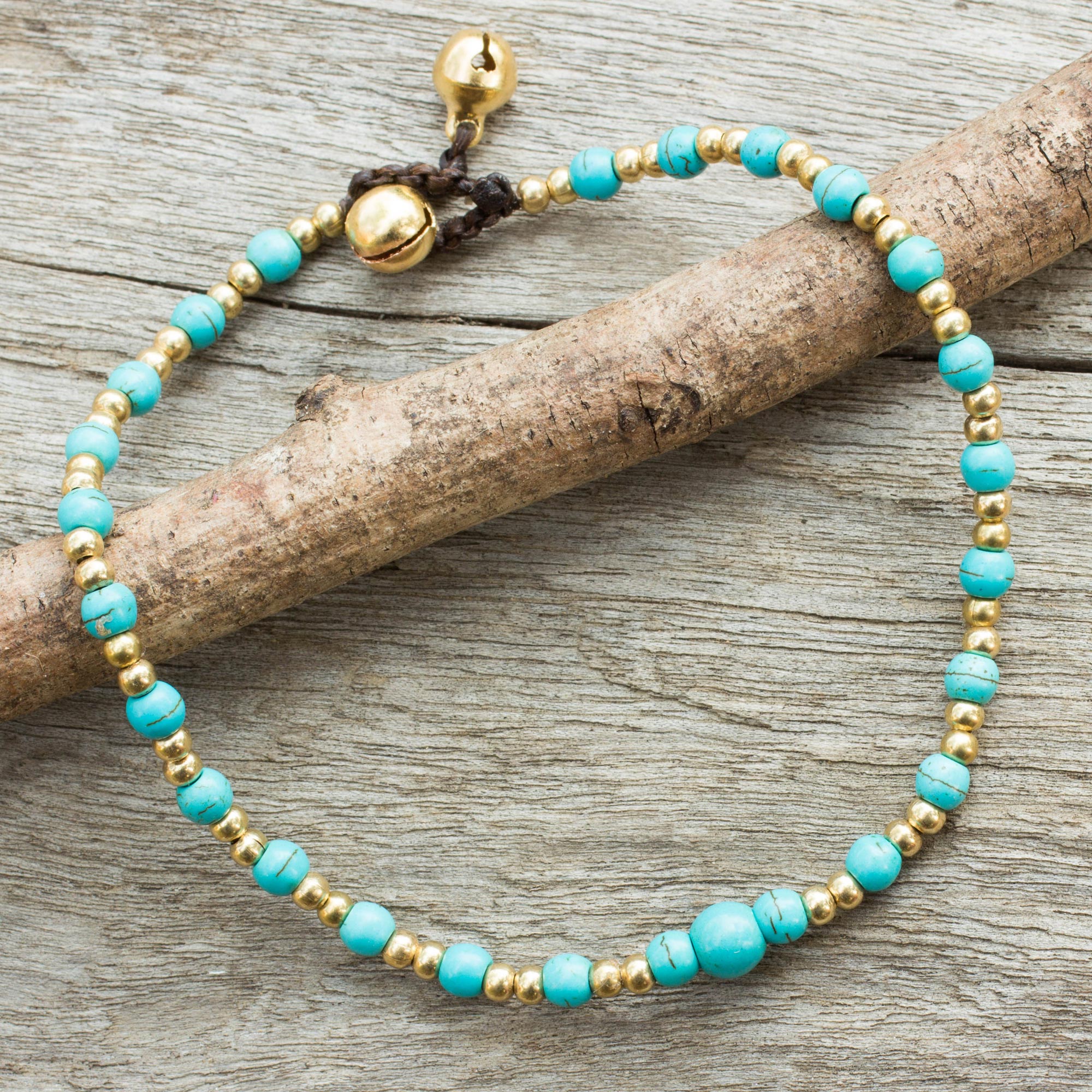 Premium Blue Calcite Brass Beaded Anklet with Bells - Handmade in Thailand