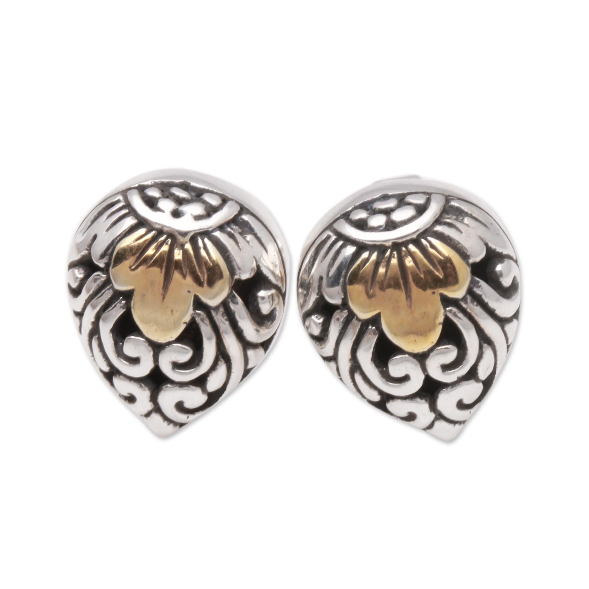 Premium Royal Glam Vine Pattern Gold Accented Sterling Silver Stud Earrings