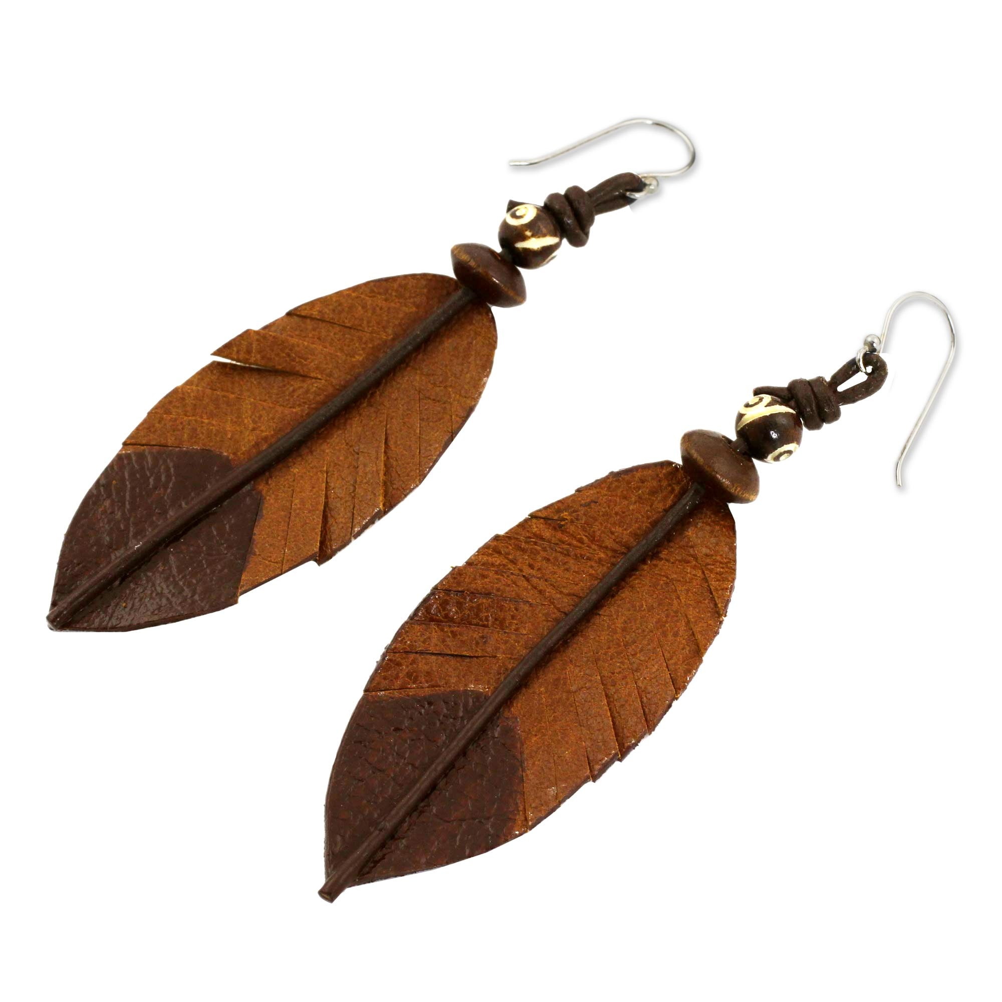 Premium Nature-Inspired Feather Earrings - Handcrafted Leather, Bone & Wood Design