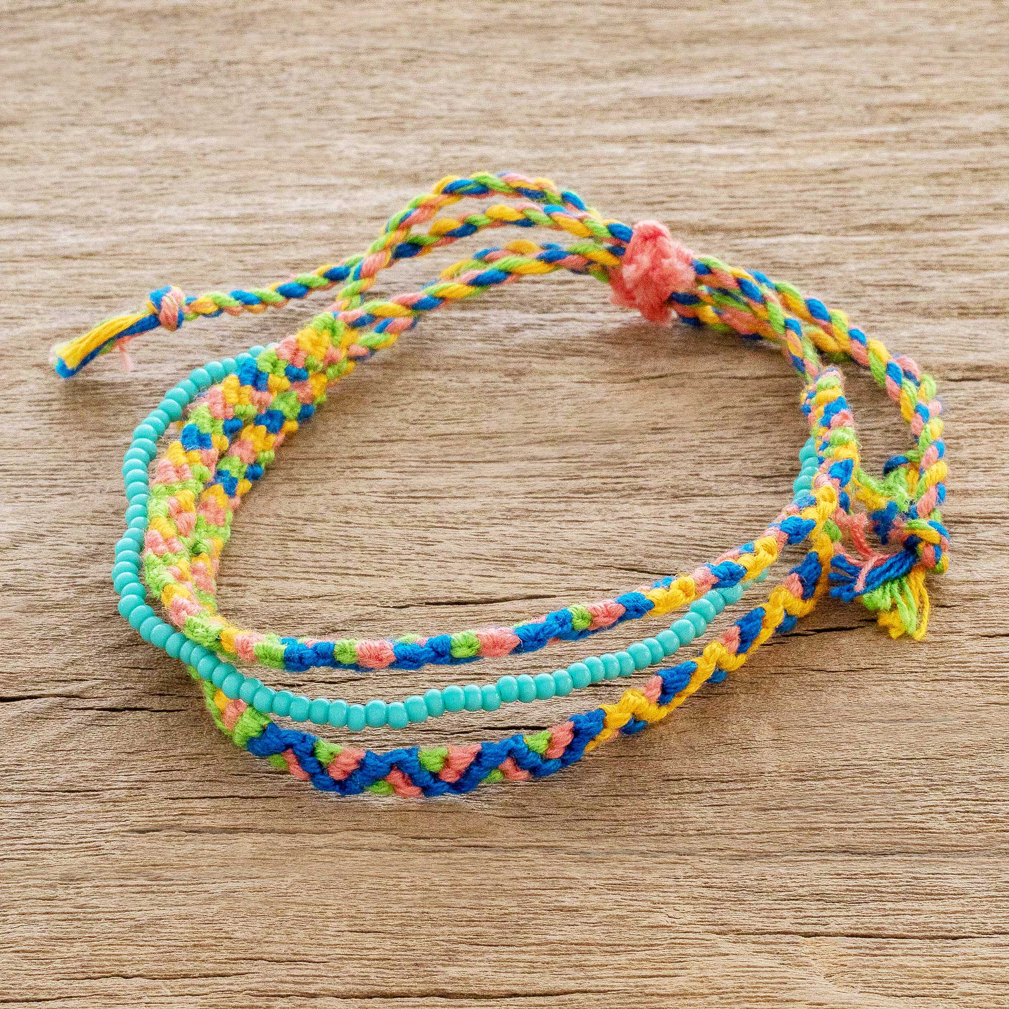 Premium Handcrafted Cotton Macrame Bracelet with Vibrant Spring Colors & Glass Beads