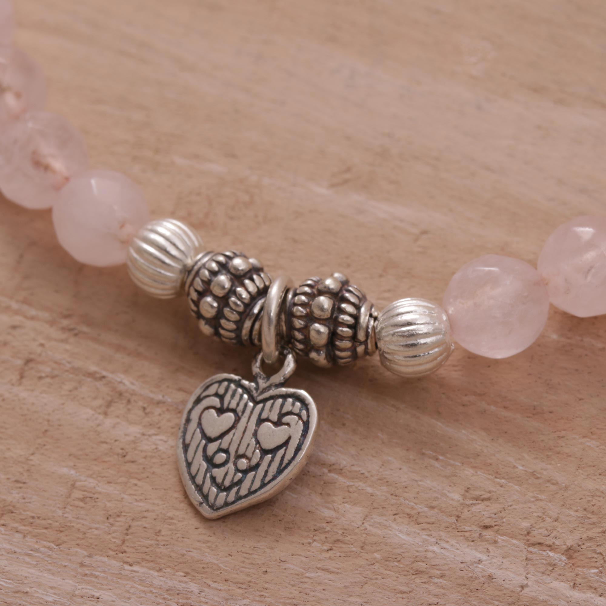 Premium Rose Quartz Heart Charm Bracelet - Handcrafted in Bali