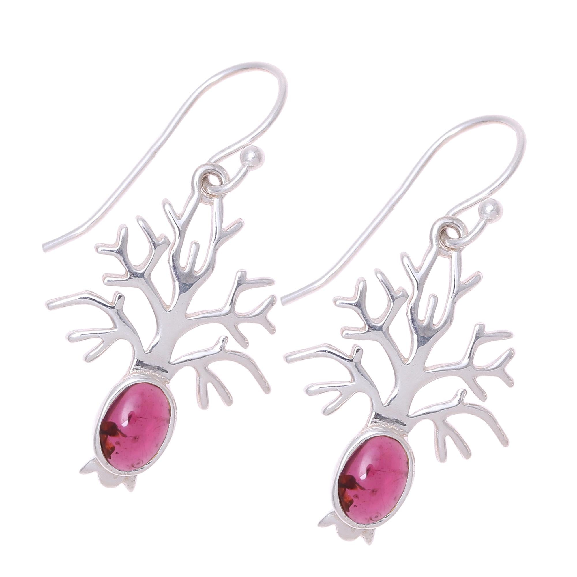 Premium Garnet Tree Dangle Earrings - Handcrafted Sterling Silver Jewelry from India