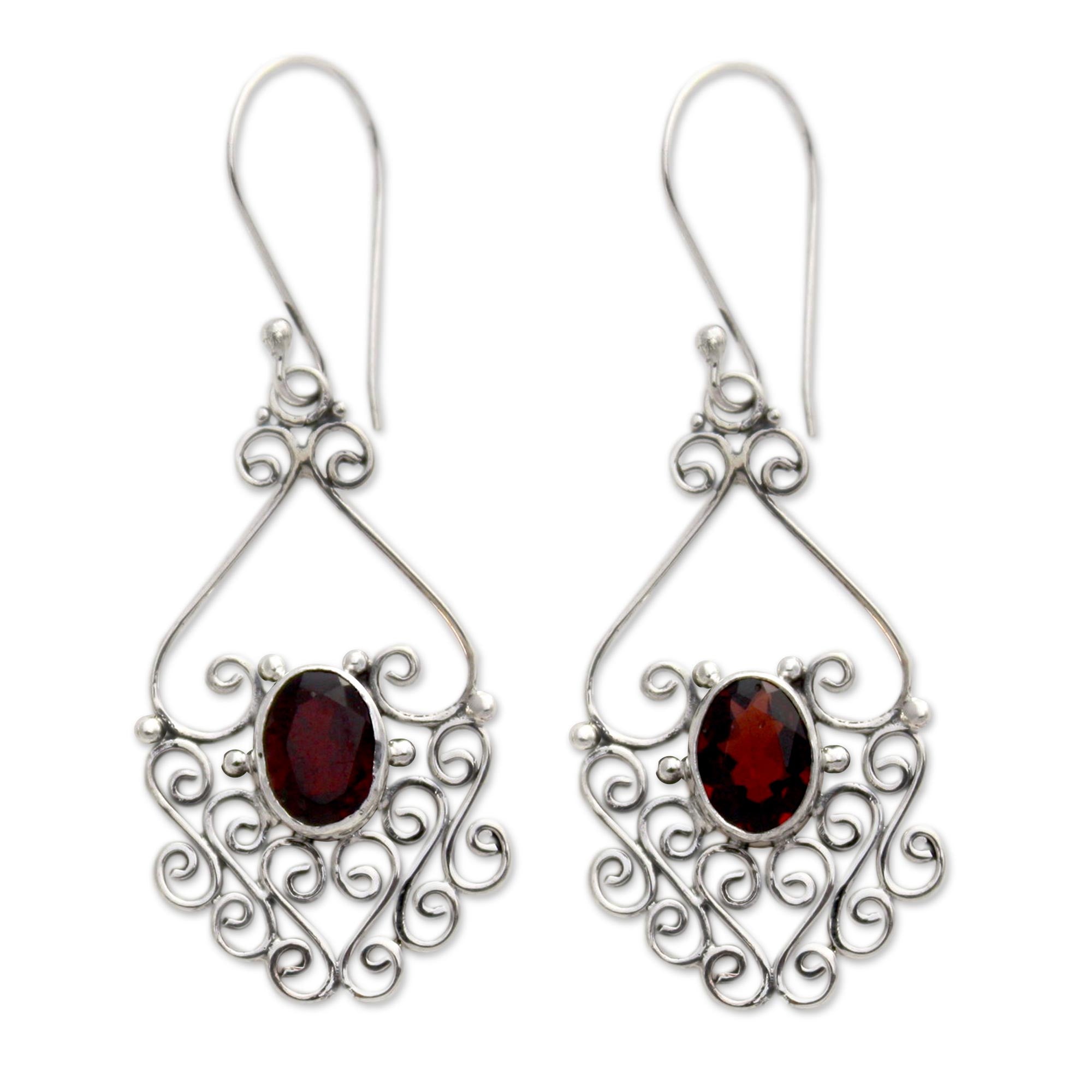 Premium Bali Dynasty Sterling Silver and Garnet Dangle Earrings