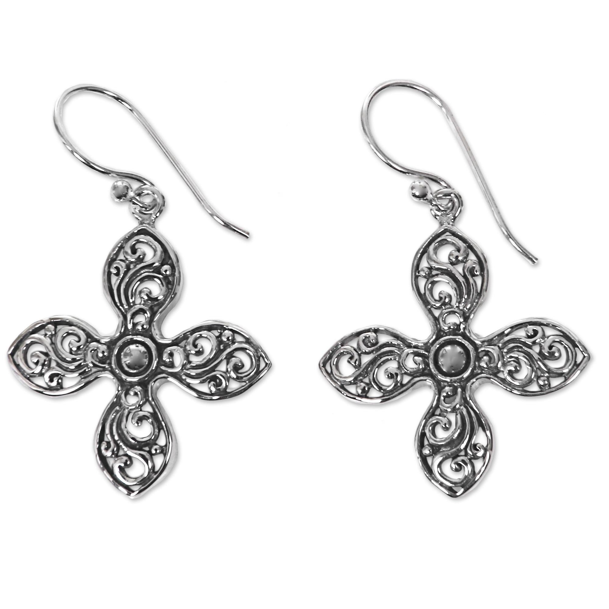 Premium Melati Cross Handcrafted Silver Earrings – Bali Inspired Floral Design