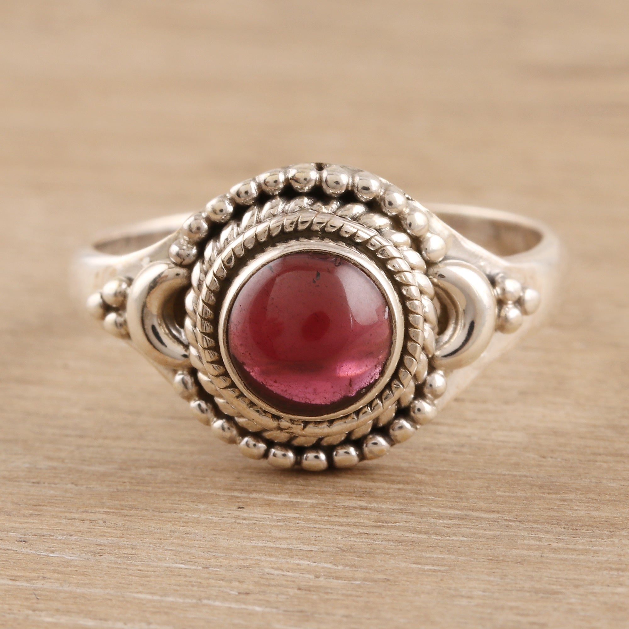 Premium Moon Garnet & Sterling Silver Cocktail Ring - Handcrafted in India