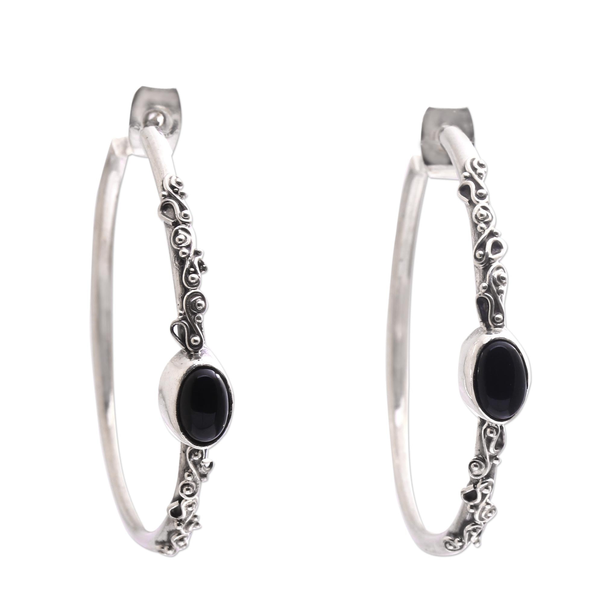 Premium Bali Memories Onyx Half-Hoop Earrings - Handcrafted Sterling Silver Jewelry