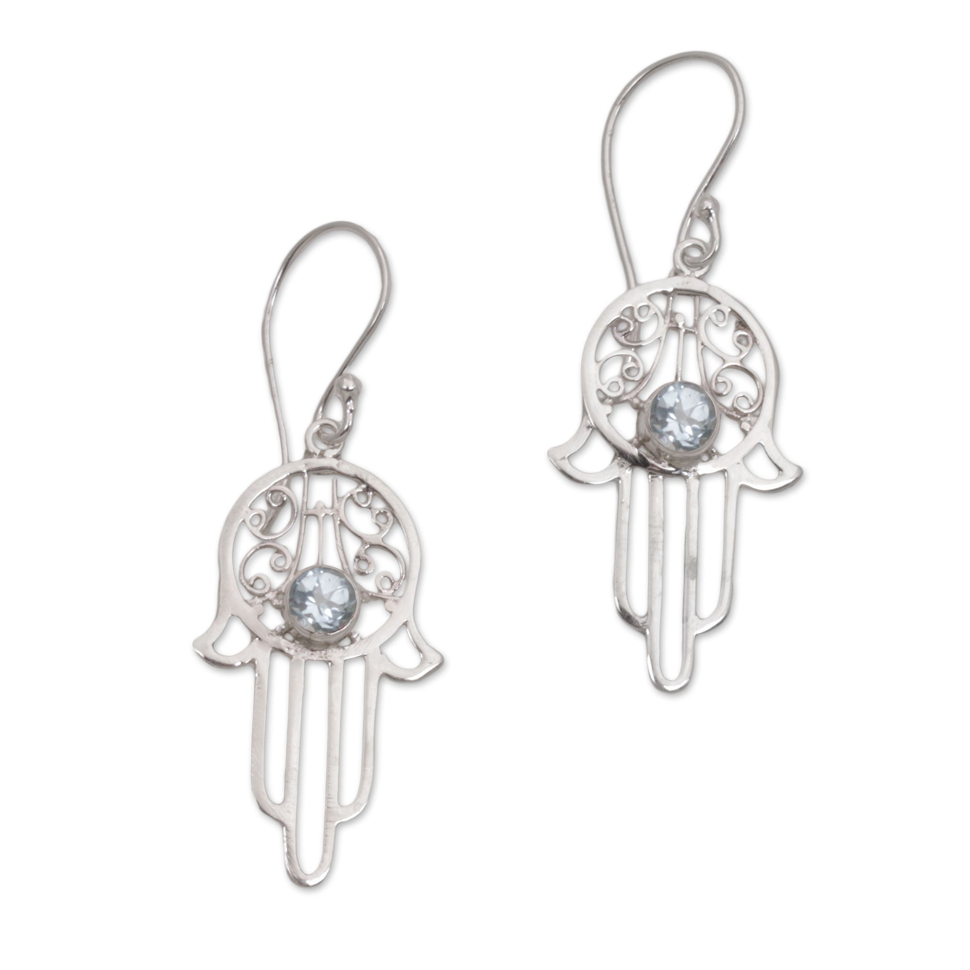 Premium Hamsa Swirls Blue Topaz Sterling Silver Dangle Earrings - Ultimate Protection & Style