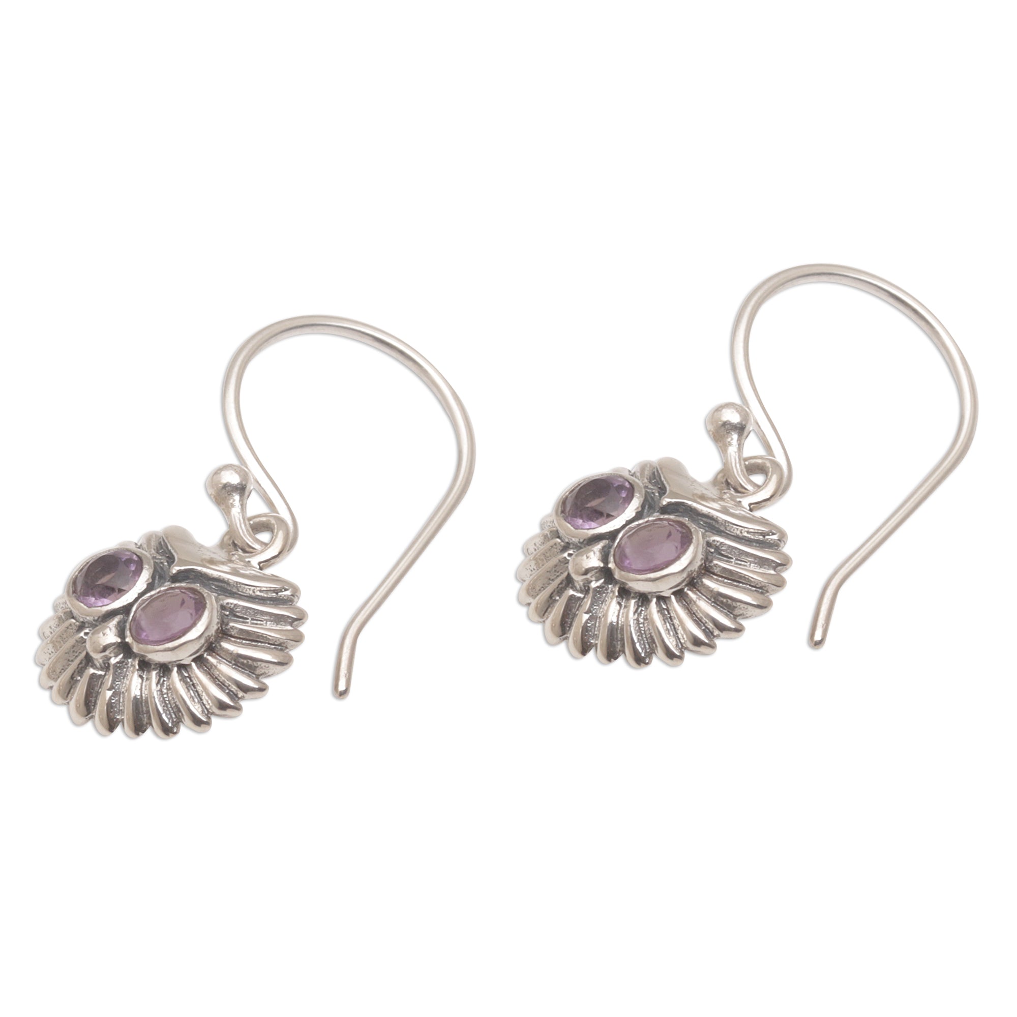 Premium Amethyst Owl Dangle Earrings - Handcrafted Sterling Silver Jewelry from Bali