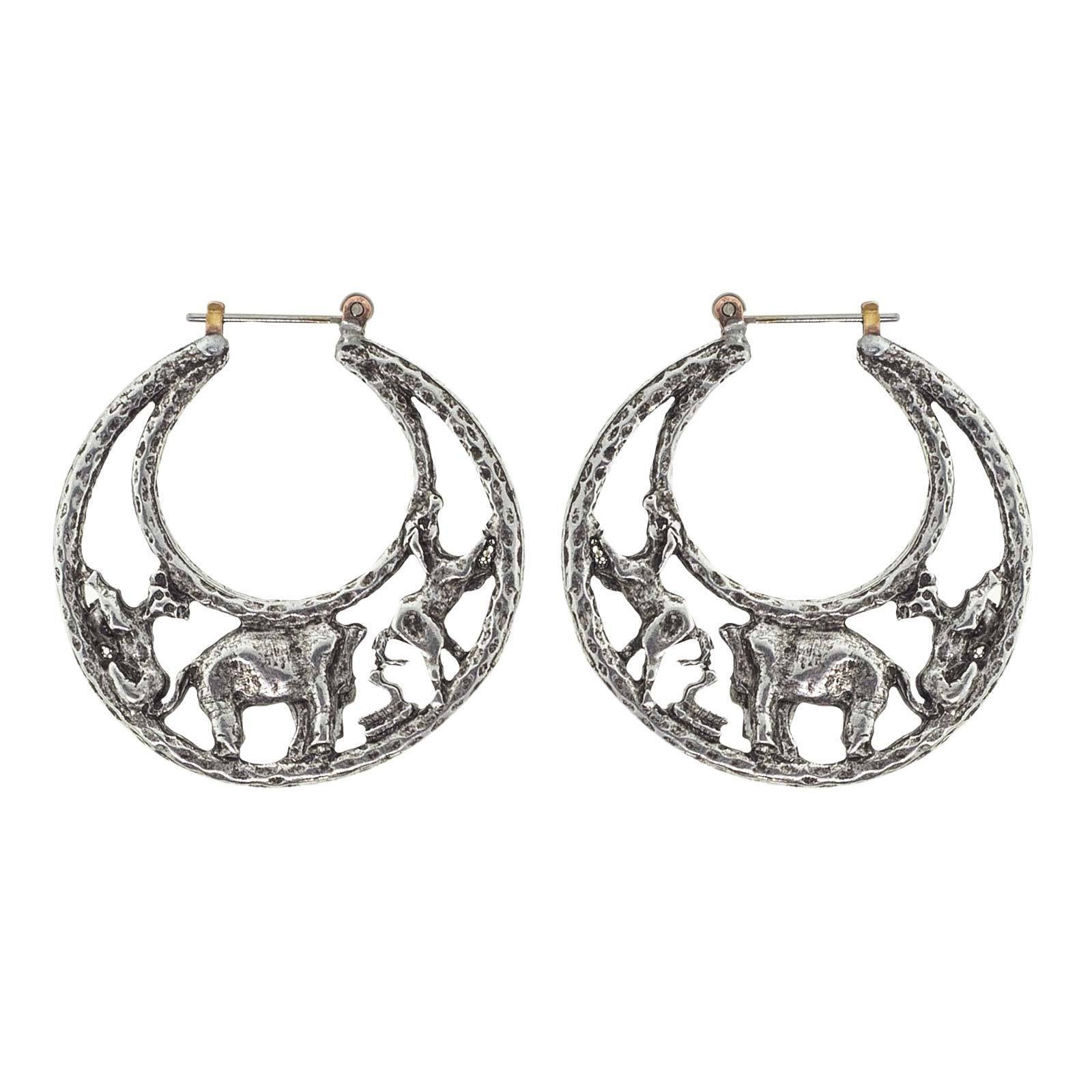 Premium Silver Tone Elephant Hoop Earrings - Art Deco Inspired Jewelry