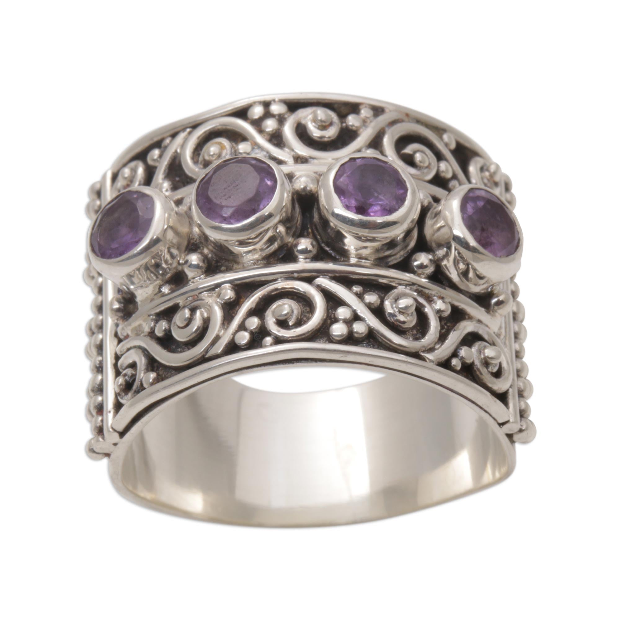 Premium Bali Amethyst Sterling Silver Ring - Elegant Multi-Stone Design