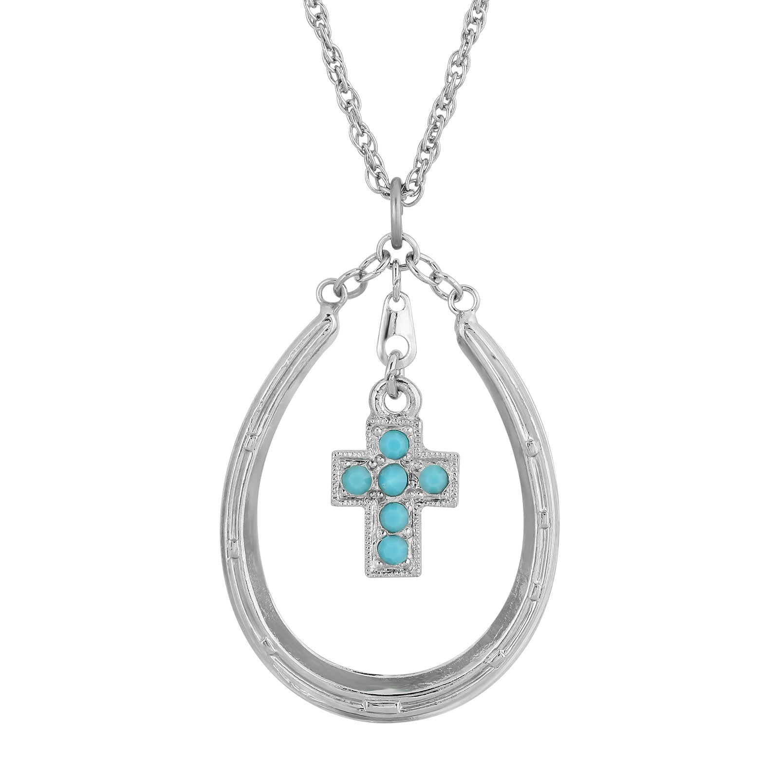 Premium 1928 Jewelry® Pewter Horseshoe Turquoise Cross Pendant Necklace - Adjustable 16