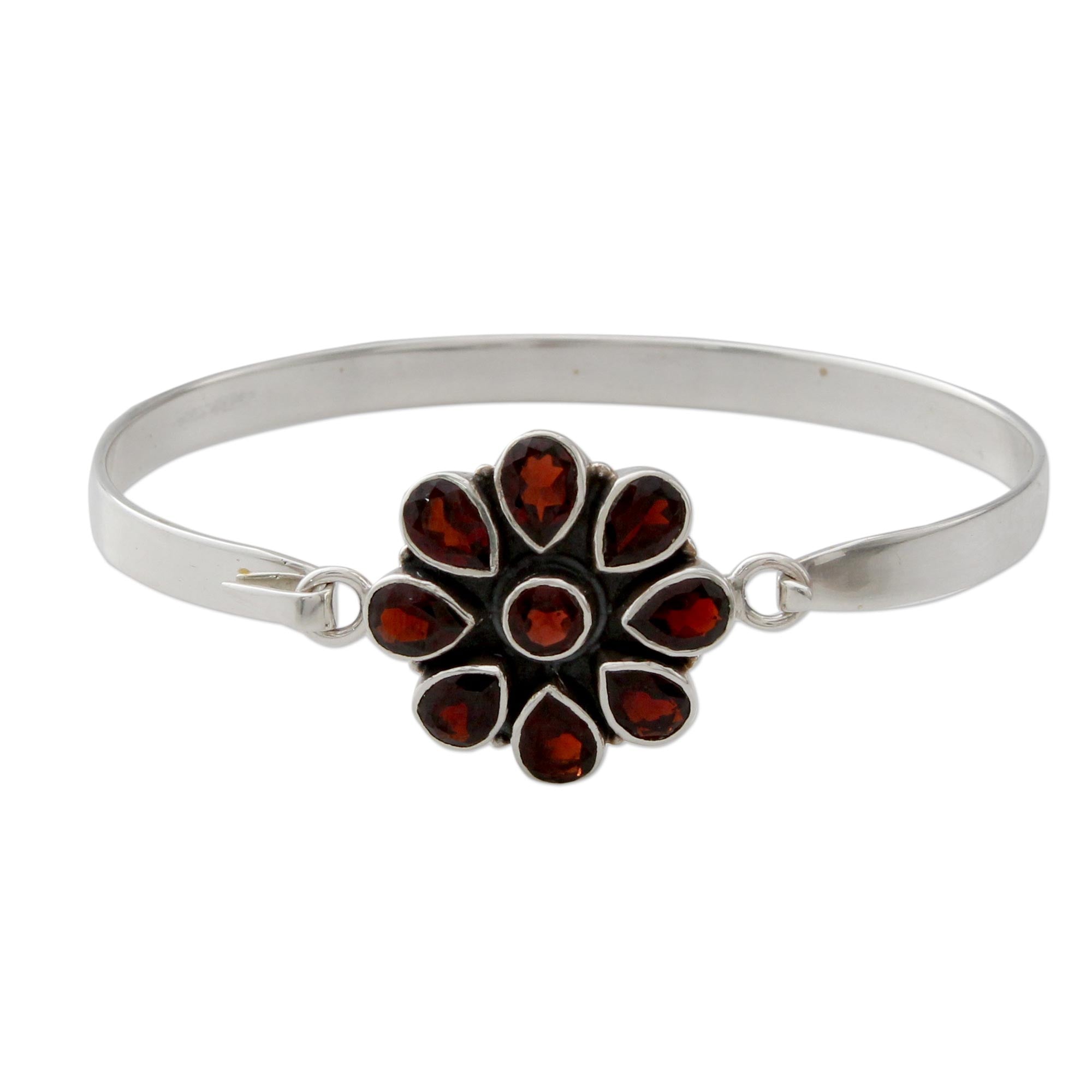 Premium Handmade Garnet Floral Bangle Bracelet in Sterling Silver