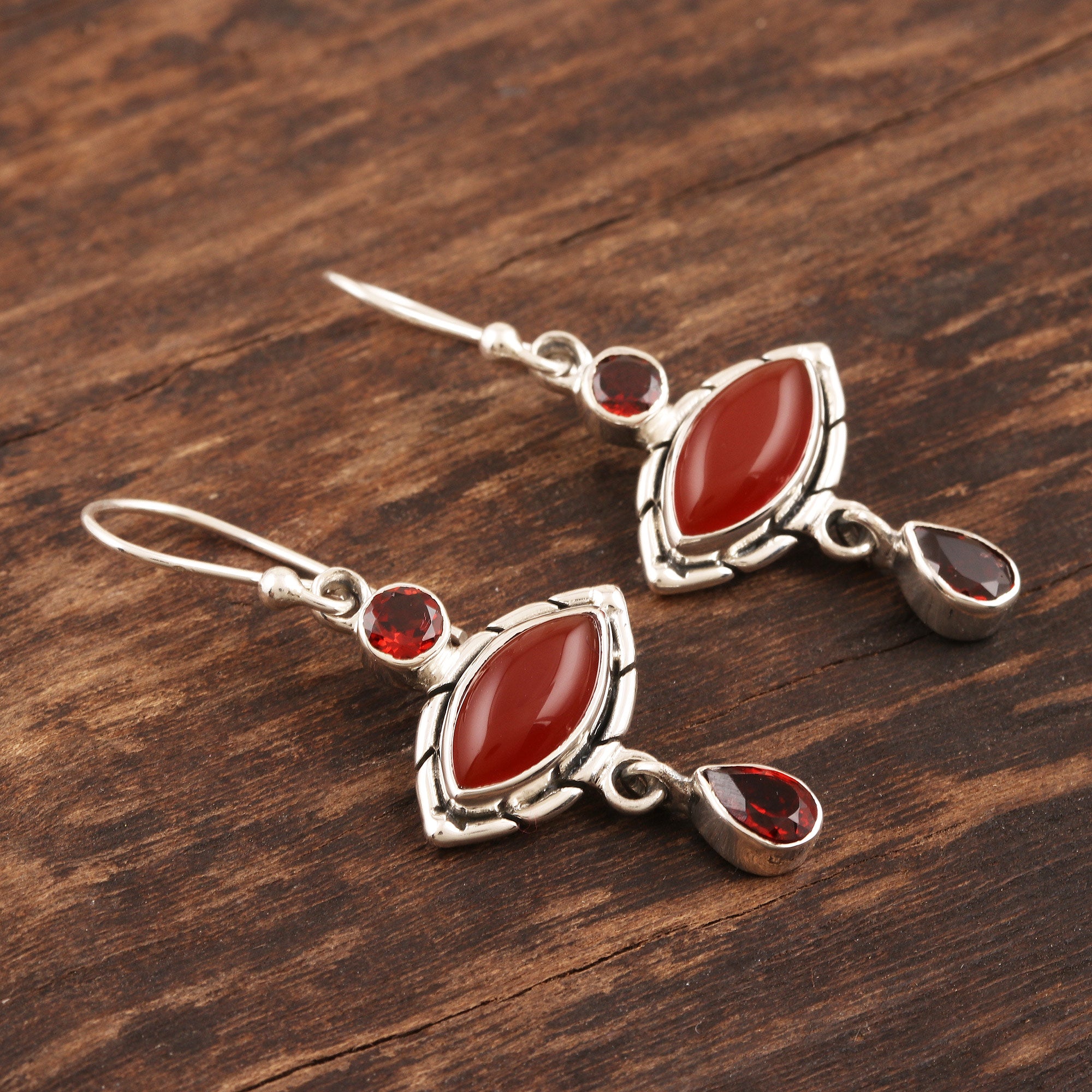 Premium Red Fusion Garnet & Carnelian Sterling Silver Dangle Earrings