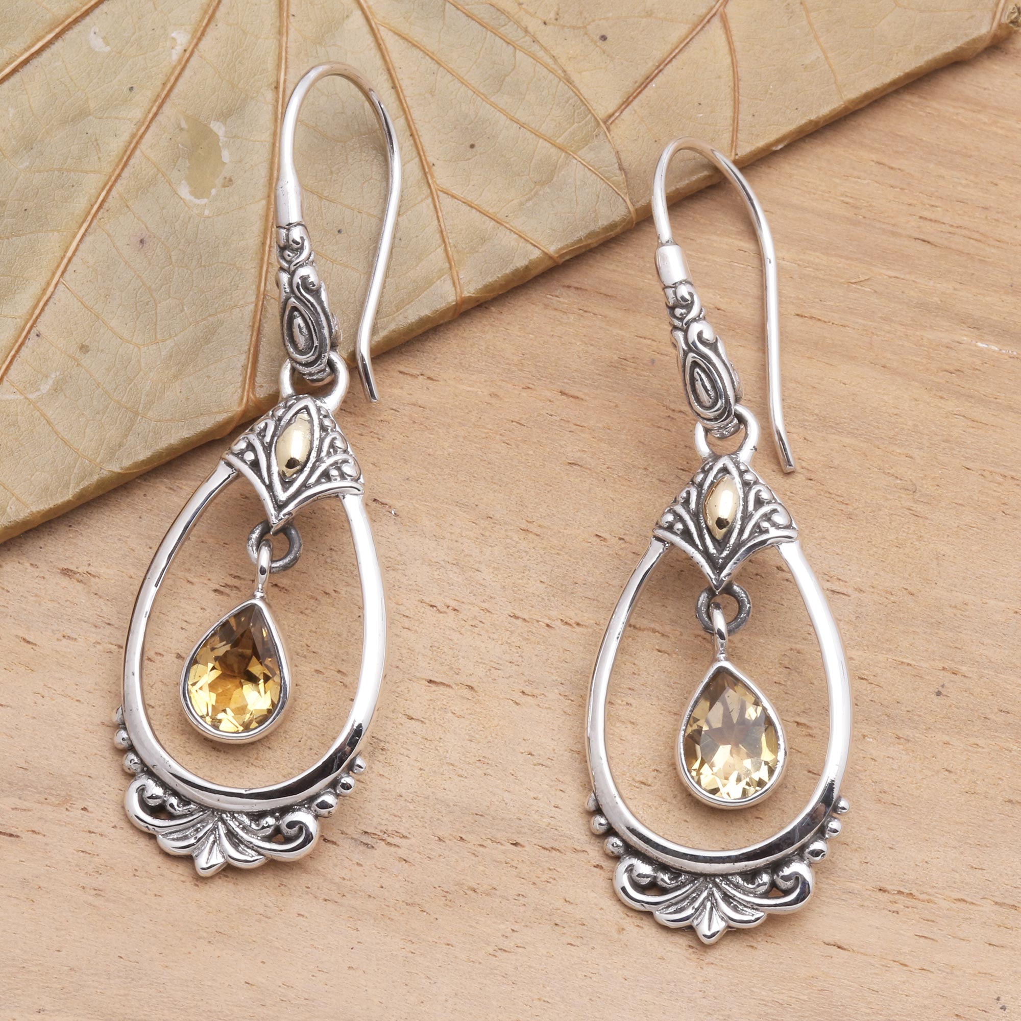 Premium Victoriana Citrine Dangle Earrings with 18k Gold Accents