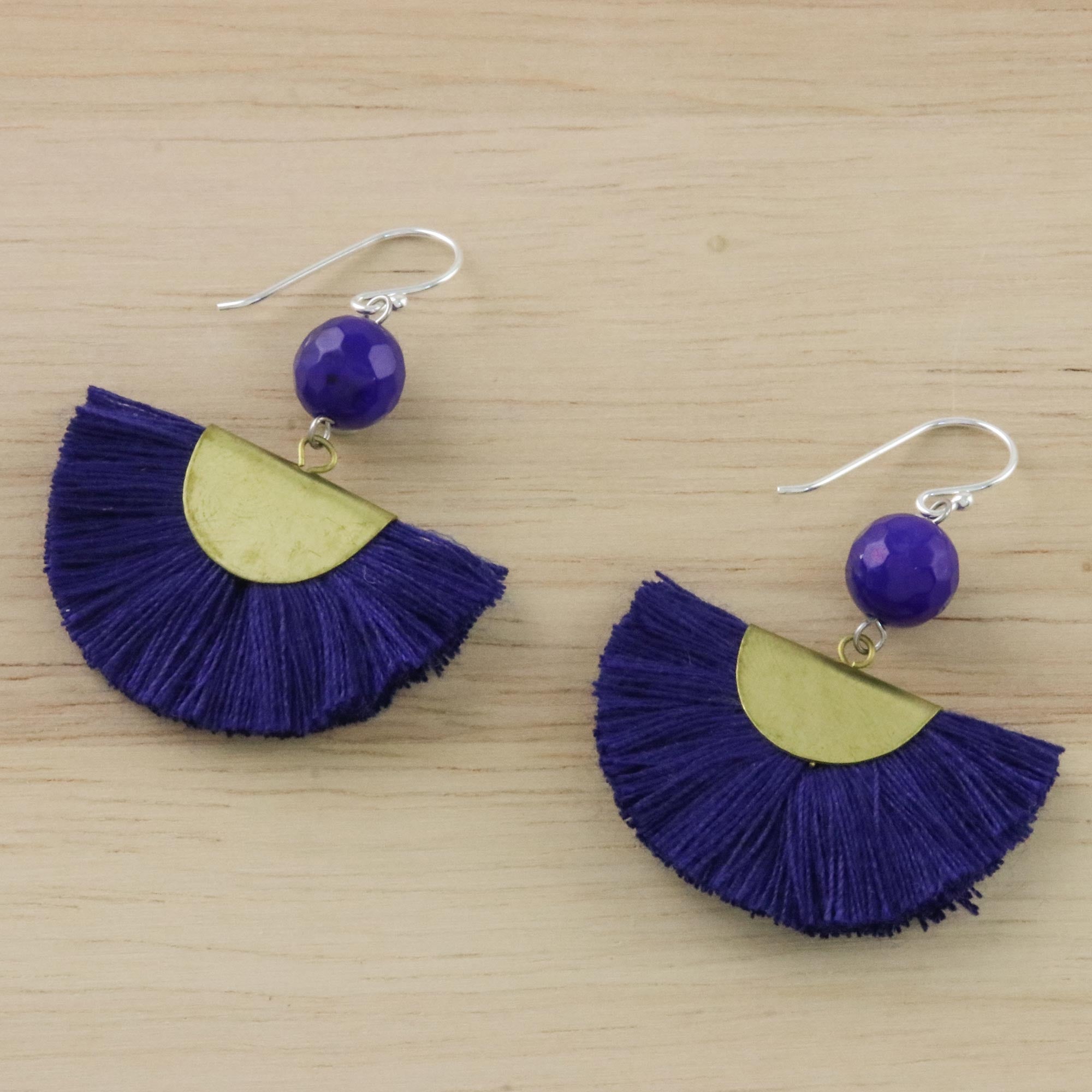 Premium Ultramarine Quartz & Brass Dangle Earrings with Cotton Fringe