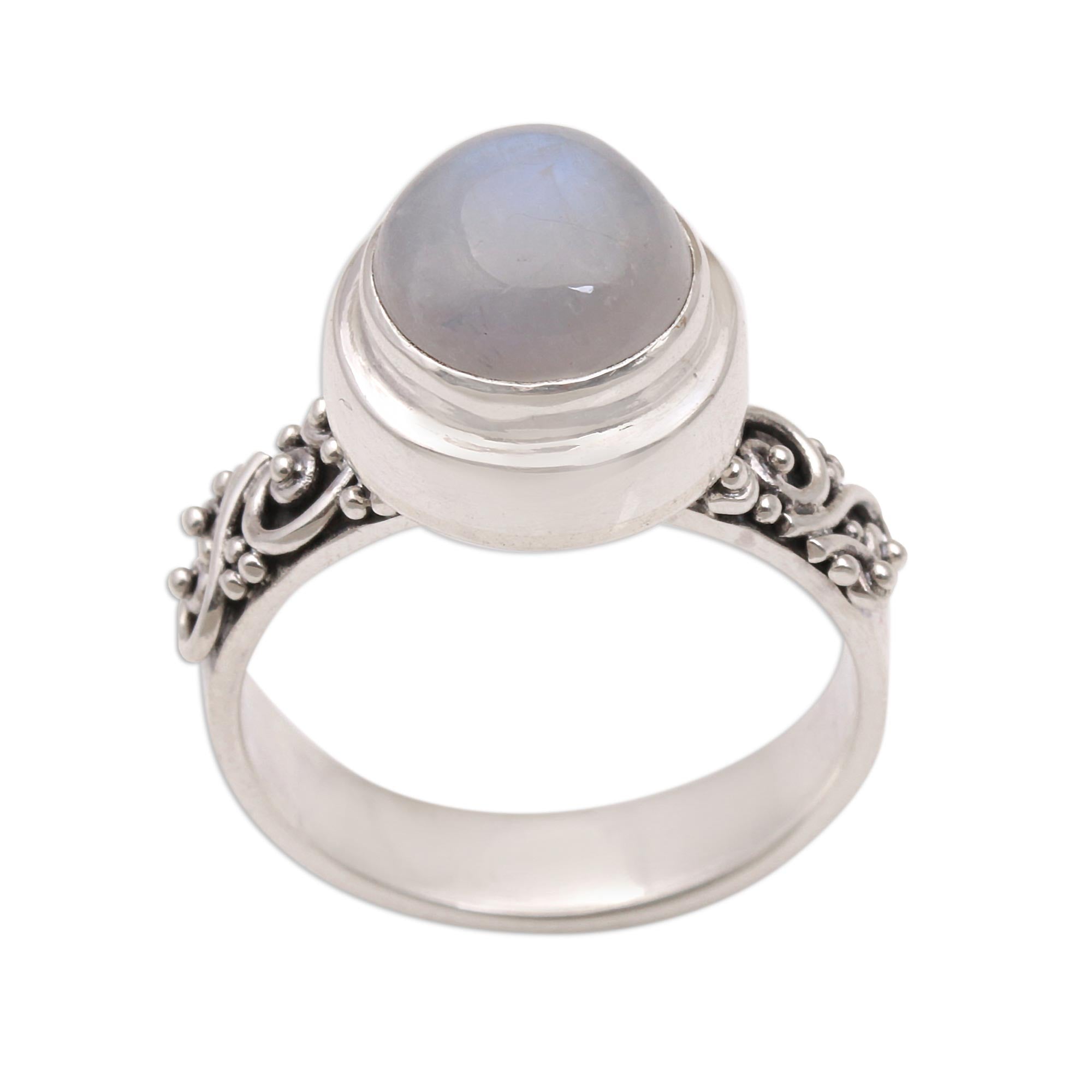 Premium Translucent Forest Rainbow Moonstone & Sterling Silver Ring – Handcrafted in Bali