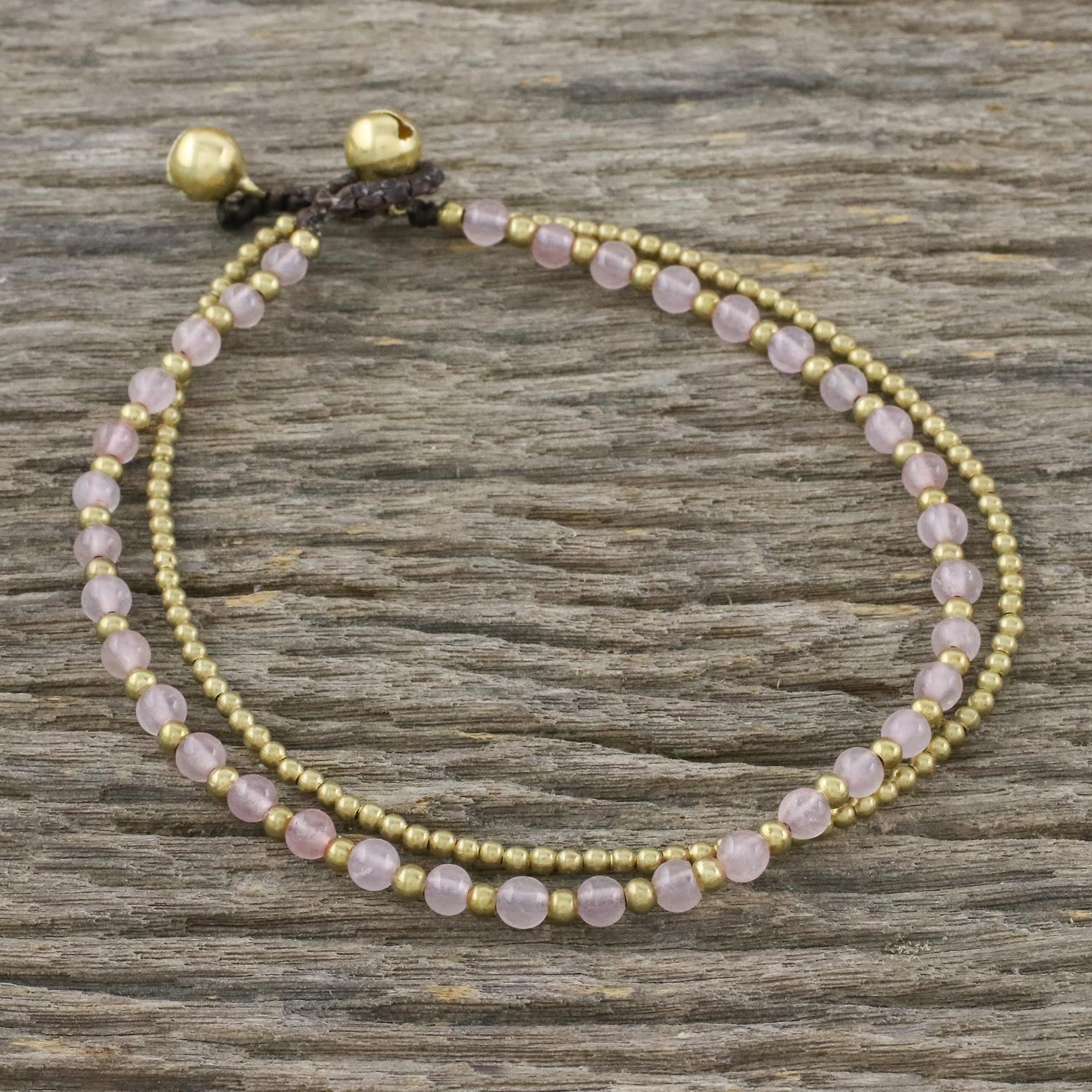 Premium Rose Quartz & Brass Adjustable Anklet with Bells - Handcrafted in Thailand