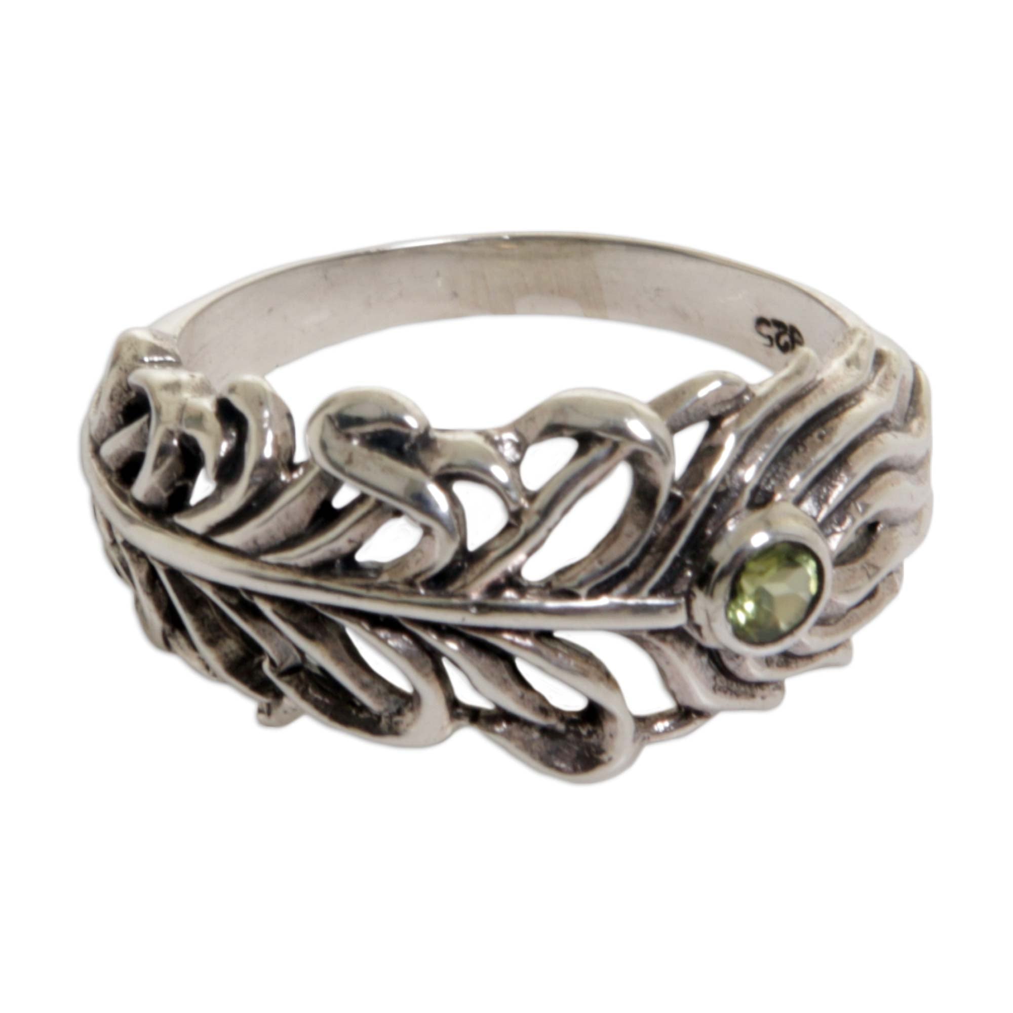 Premium Sterling Silver Peridot Feather Band Ring