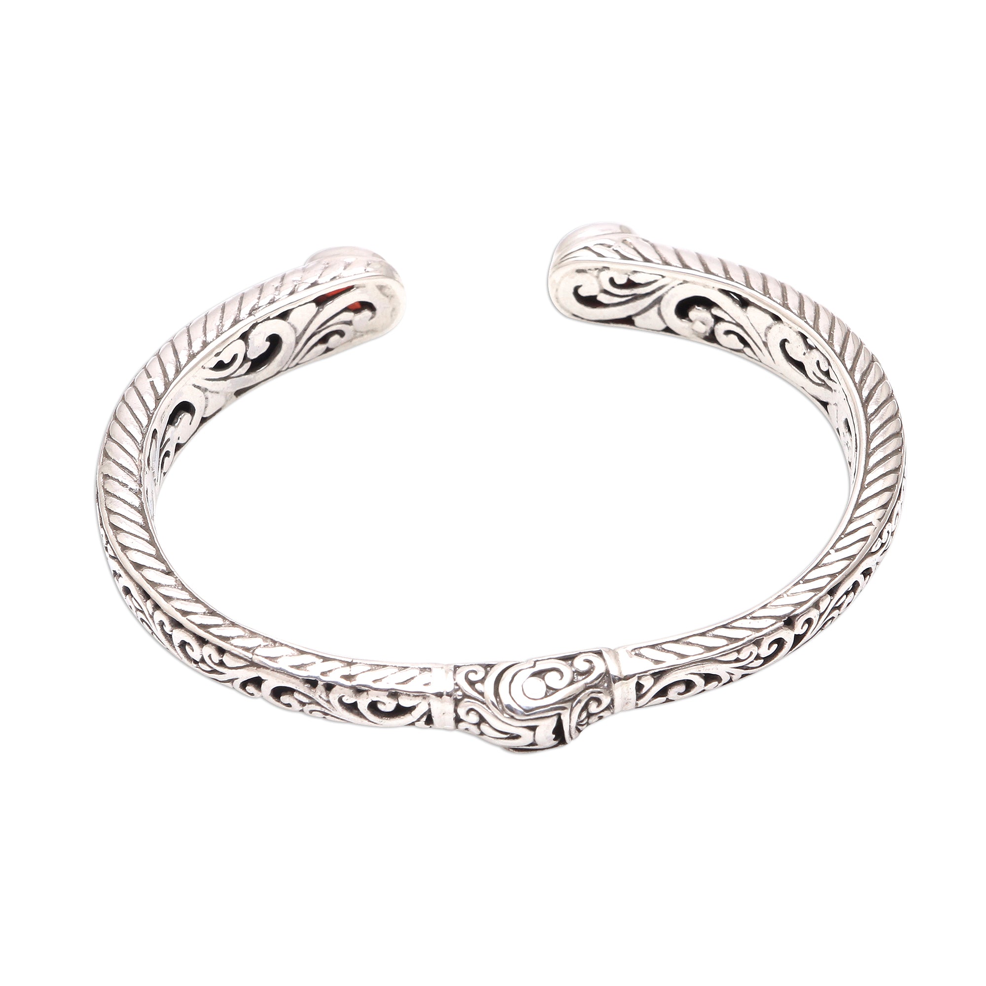 Premium Garnet Sterling Silver Scroll & Rope Cuff Bracelet – Handcrafted Elegance