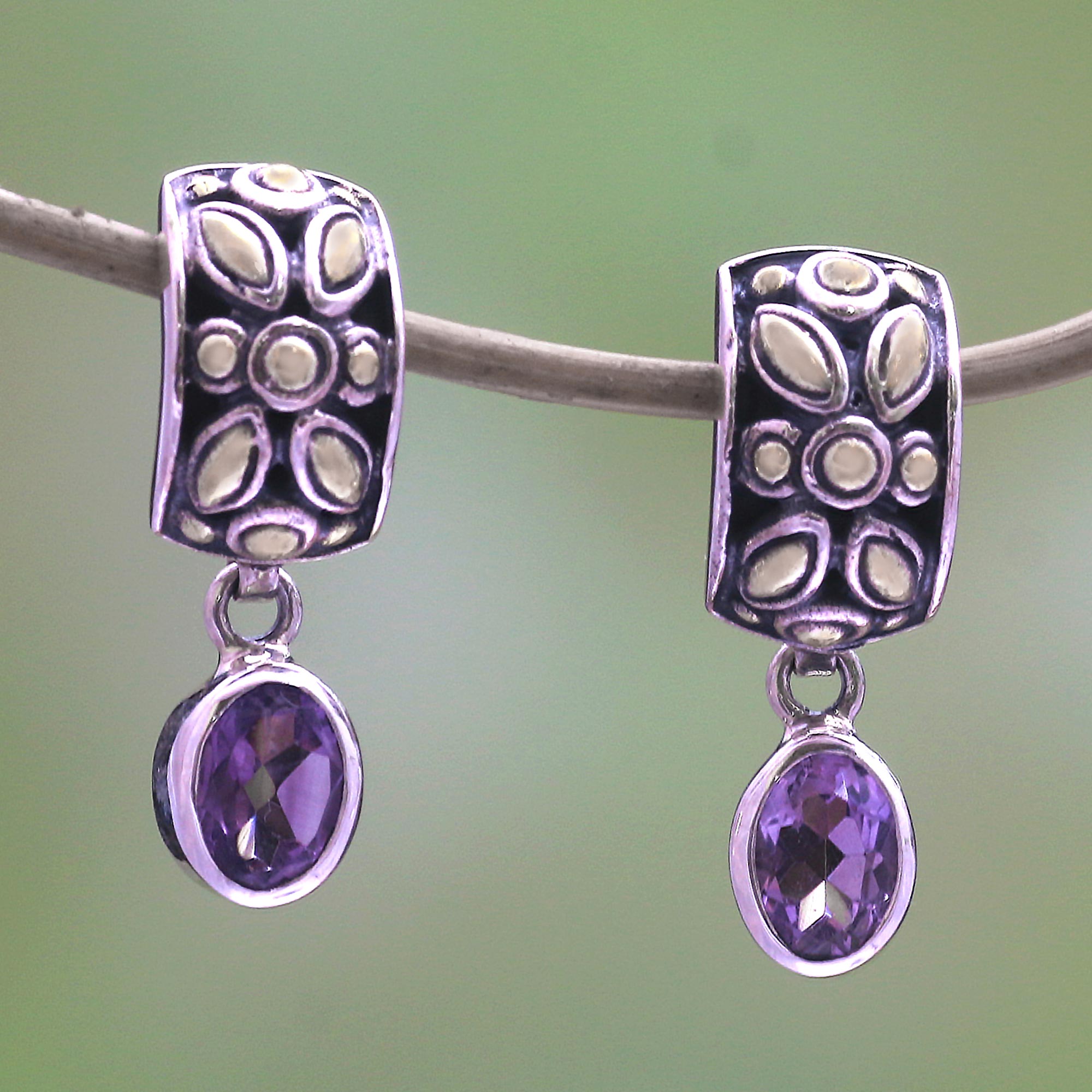 Premium Bali Amethyst Dangle Earrings with 22K Gold Padi Accents