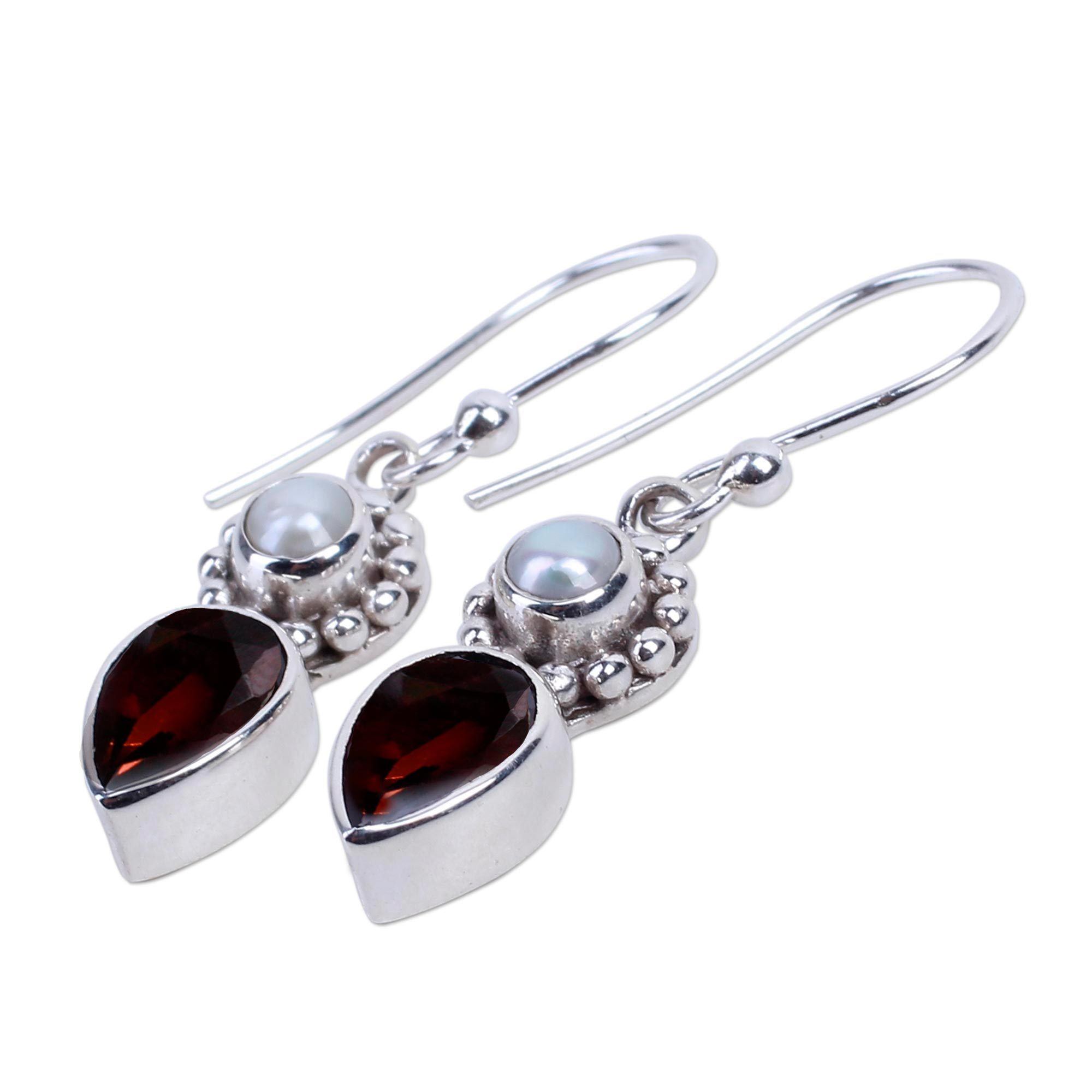 Premium Garnet & Pearl Tear Dangle Earrings - Mughal Inspired Elegance