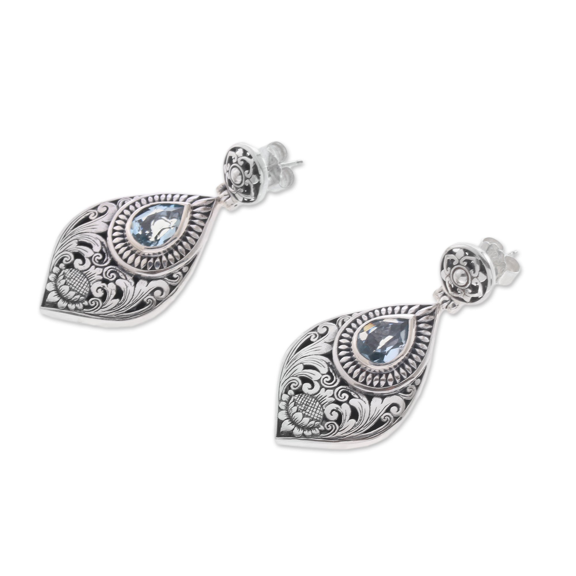 Premium Tari Lotus Blue Topaz & Silver Dangle Earrings - Handcrafted Elegance