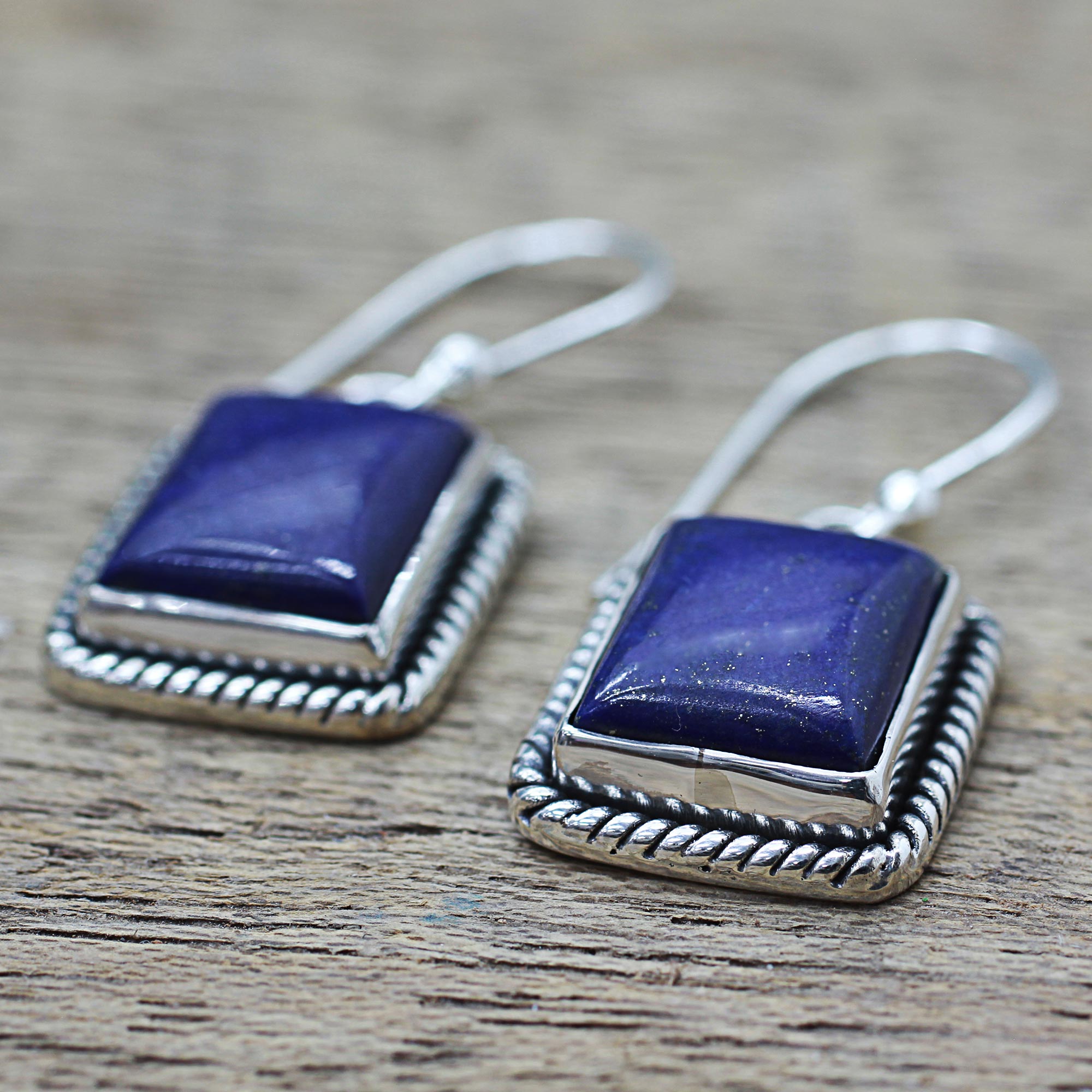 Premium Lapis Lazuli Sterling Silver Rectangle Dangle Earrings - Handcrafted Elegance