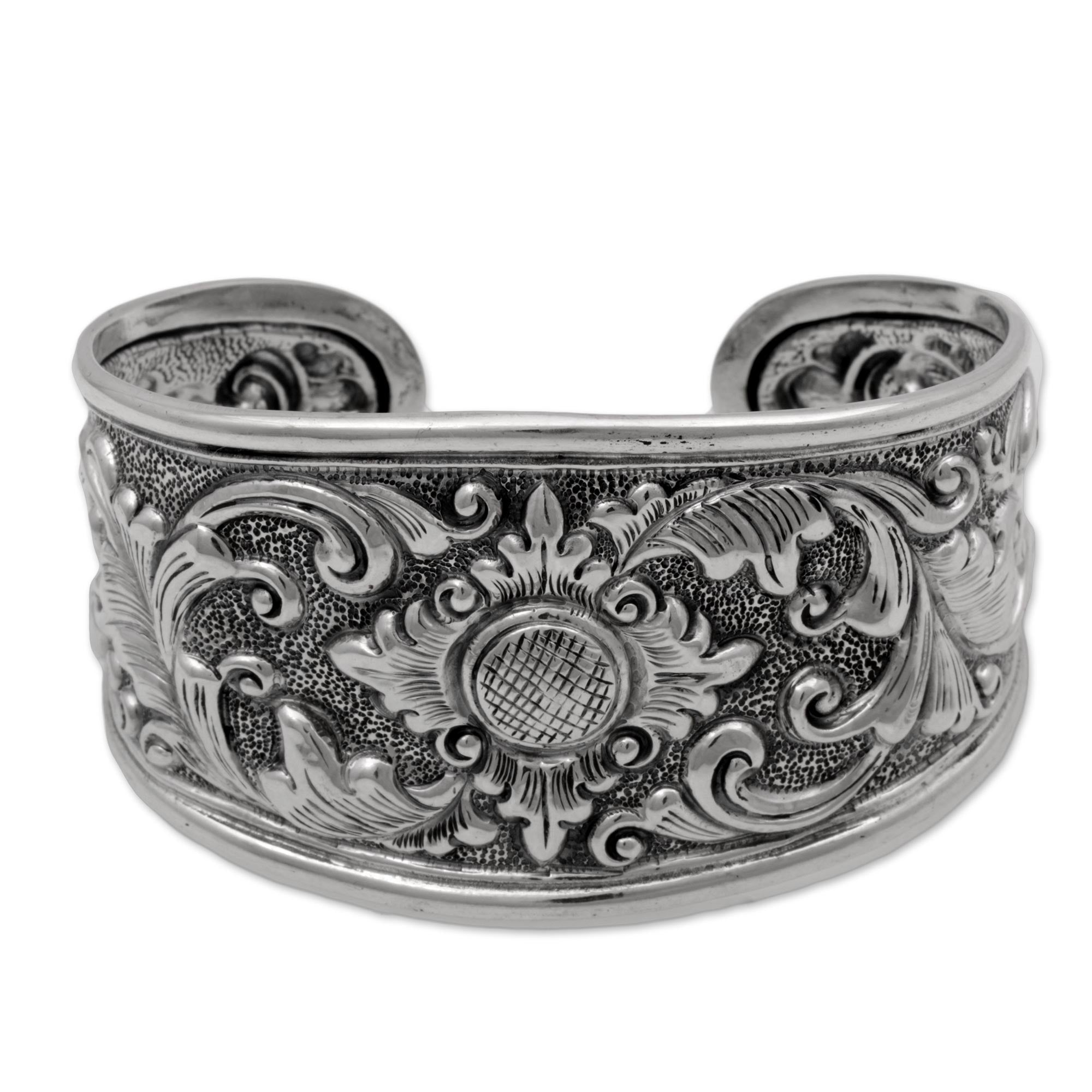 Premium Floral Sterling Silver Cuff Bracelet - Handcrafted Elegance