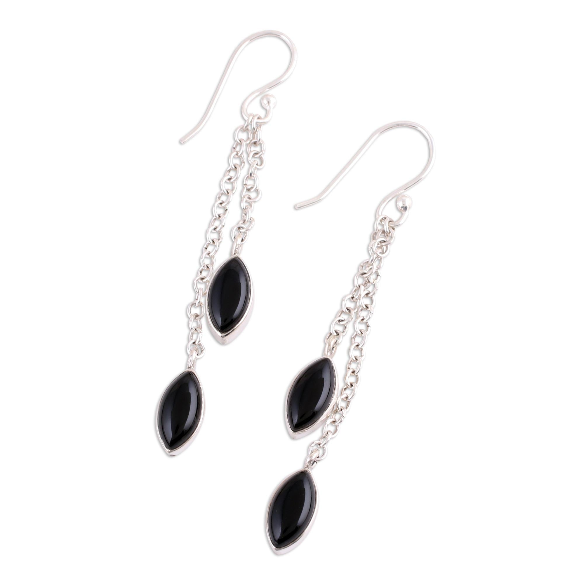 Premium Midnight Onyx and Sterling Silver Dangle Earrings - Handcrafted in India