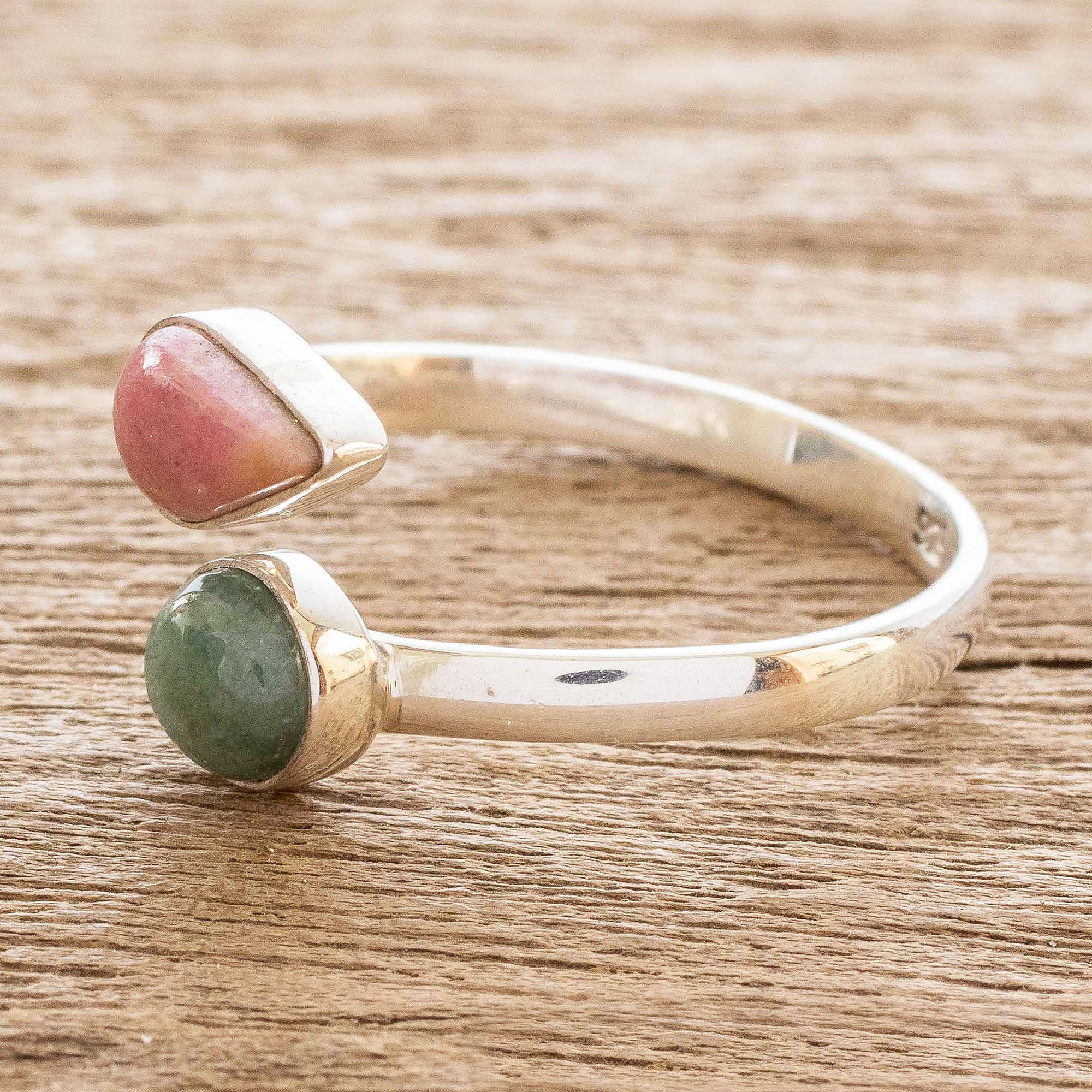 Premium Rhodonite & Jade Wrap Ring – Handcrafted Sterling Silver Jewelry