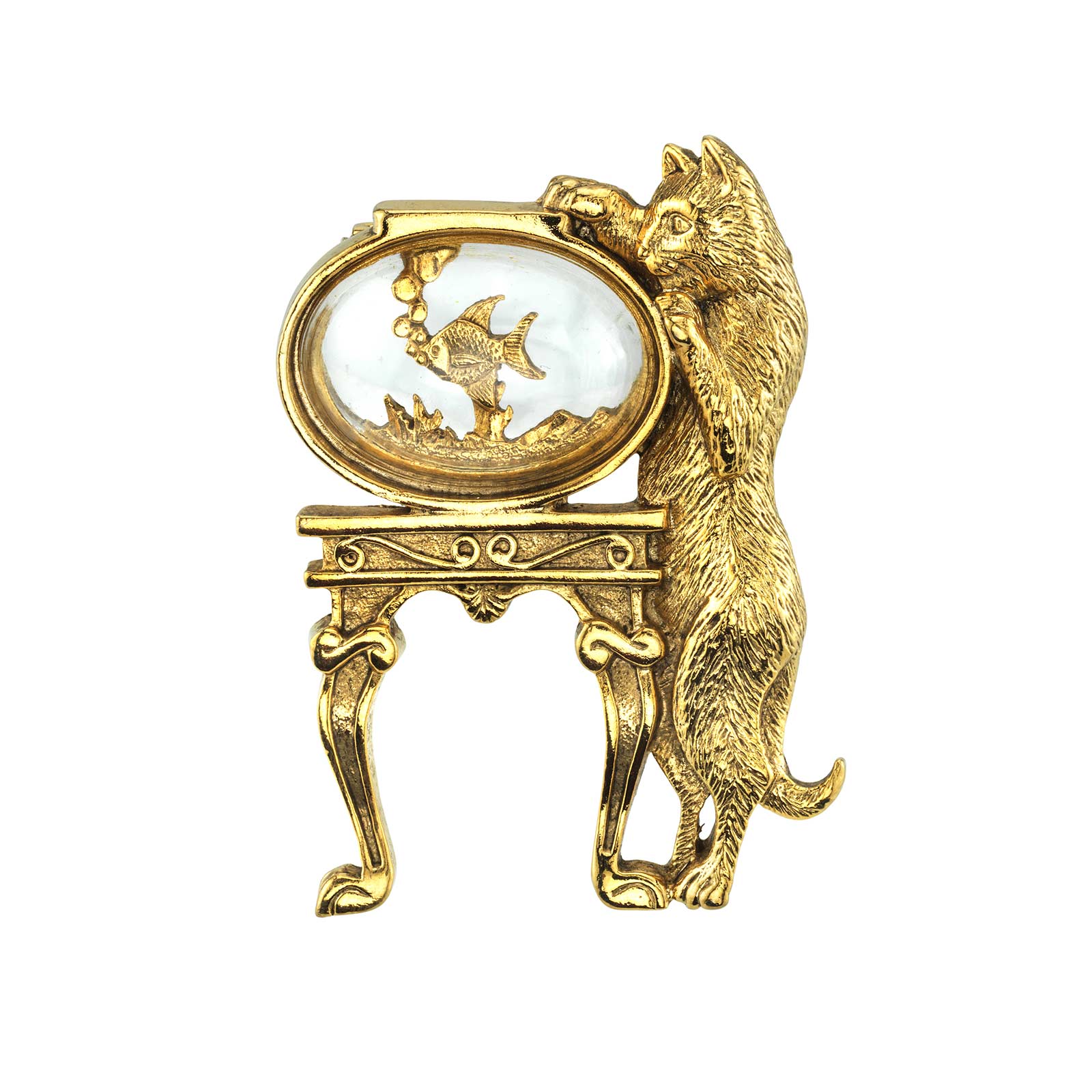 Premium 1928 Jewelry® 14K Gold-Dipped Crystal Cat & Fish Bowl Pin - Vintage Inspired