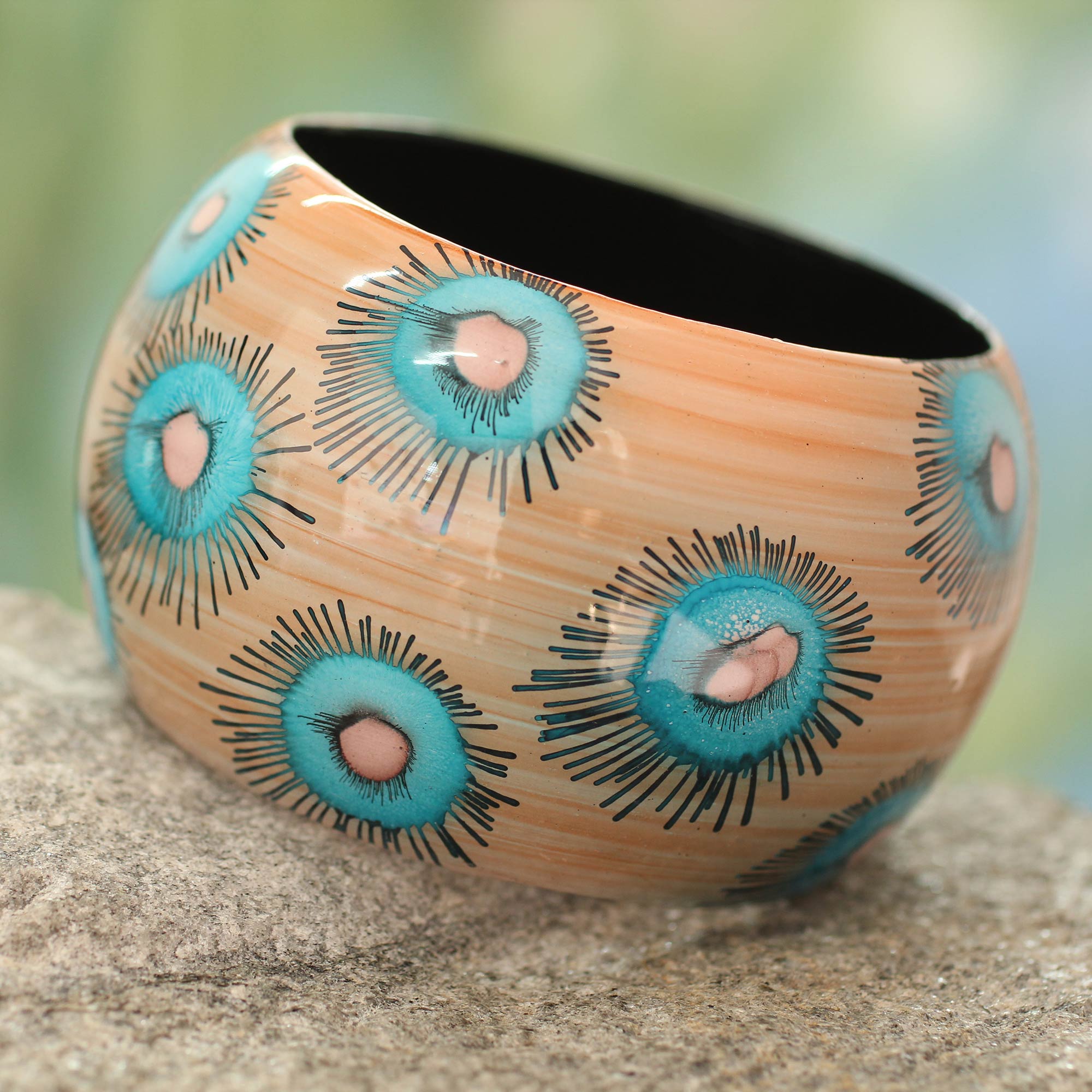 Premium Blue Anemone Wooden Bangle Bracelet