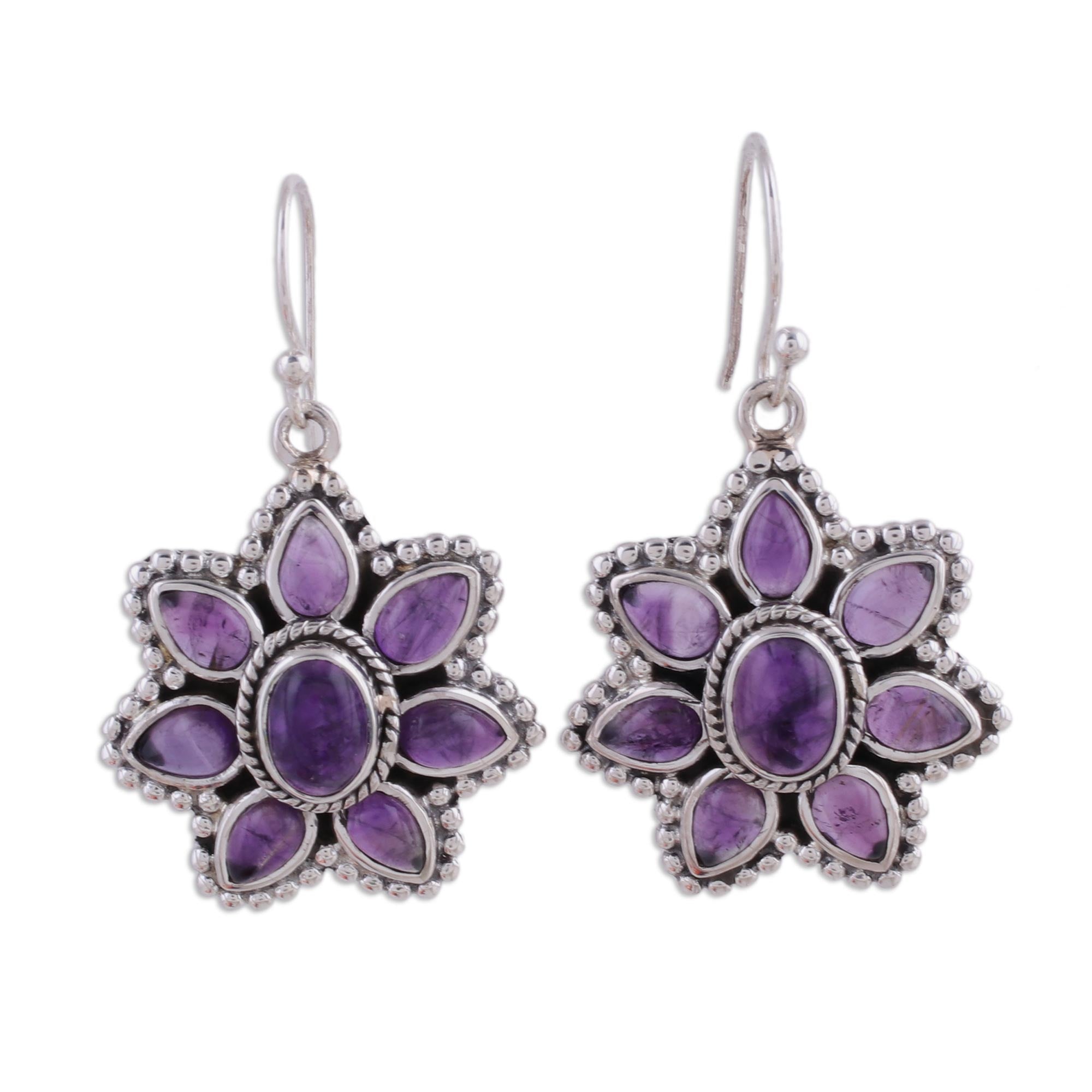 Premium Amethyst Blossom Sterling Silver Dangle Earrings | Unique Floral Design