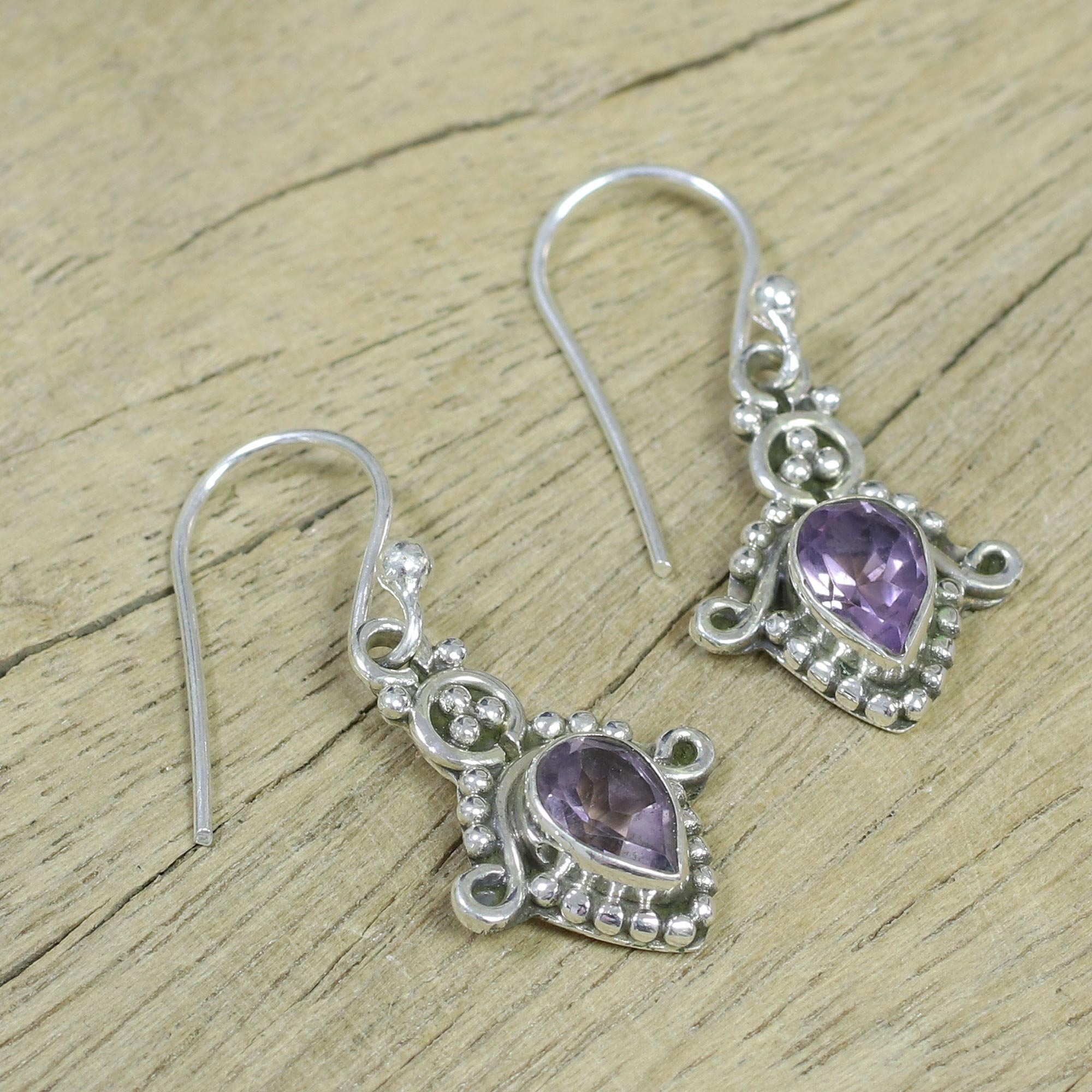 Premium Dotted Delight Amethyst Teardrop Earrings - Handcrafted Sterling Silver Jewelry