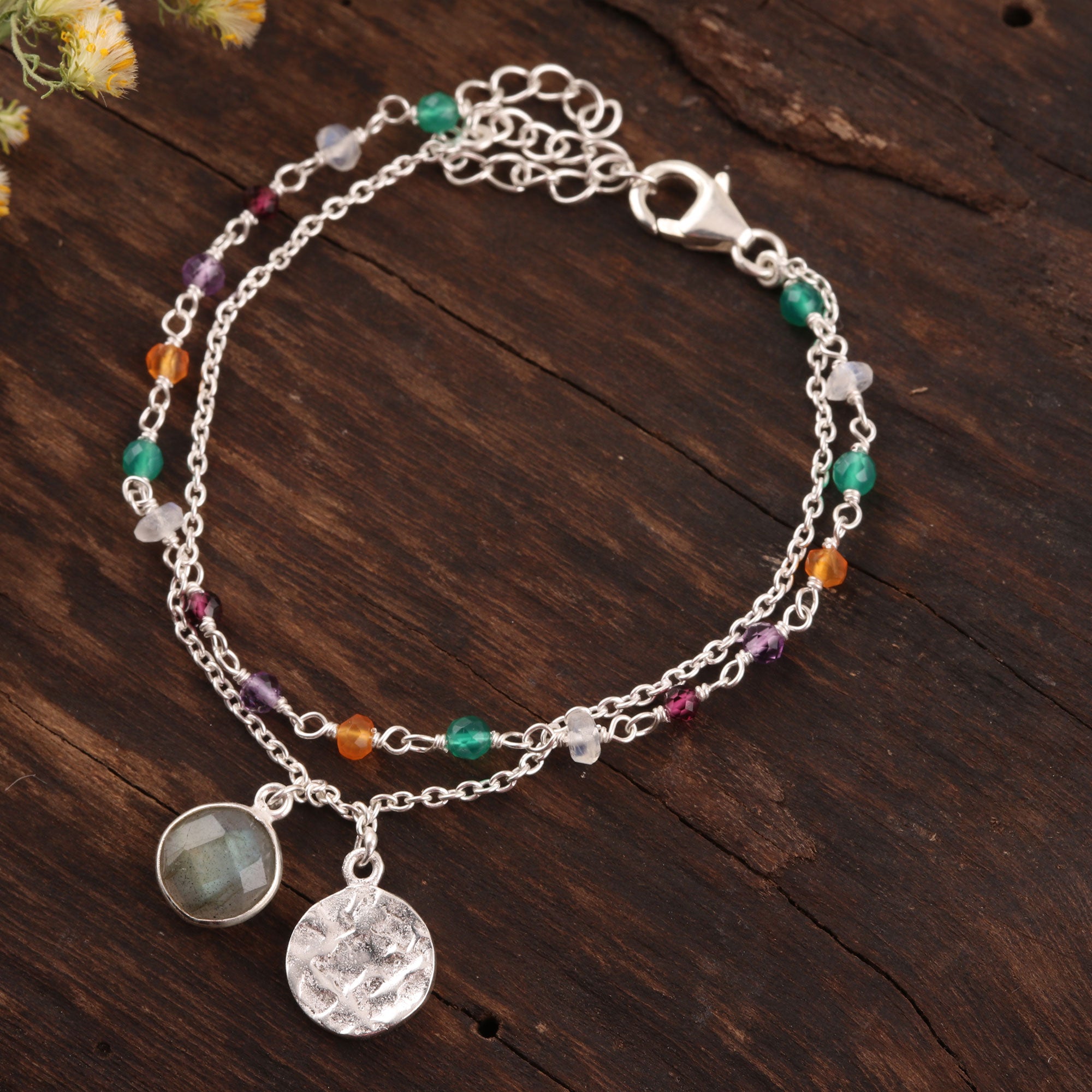 Premium Multi-Gemstone Sterling Silver Bracelet - Handcrafted in India