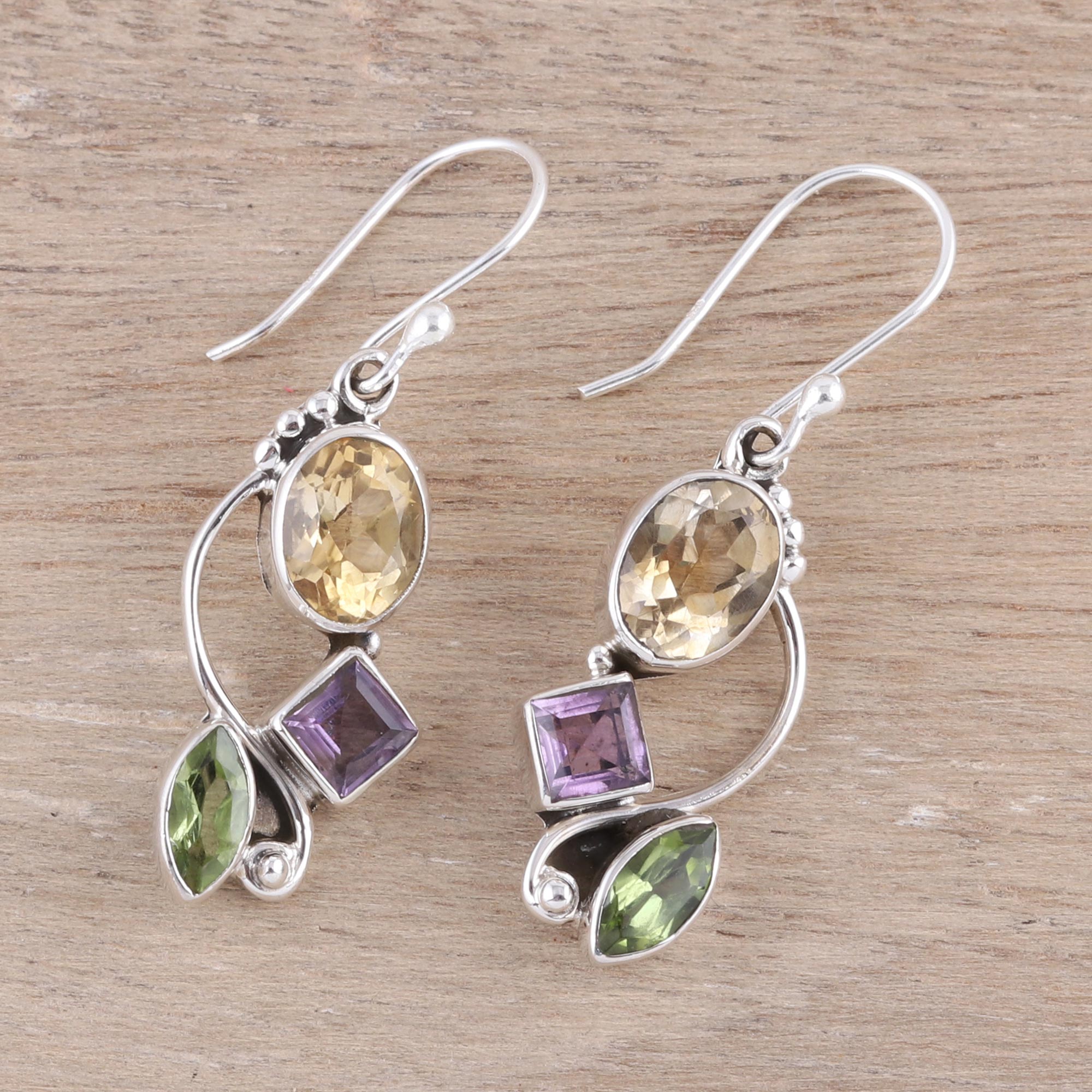 Premium Sun & Violets Multi-Gem Citrine Dangle Earrings